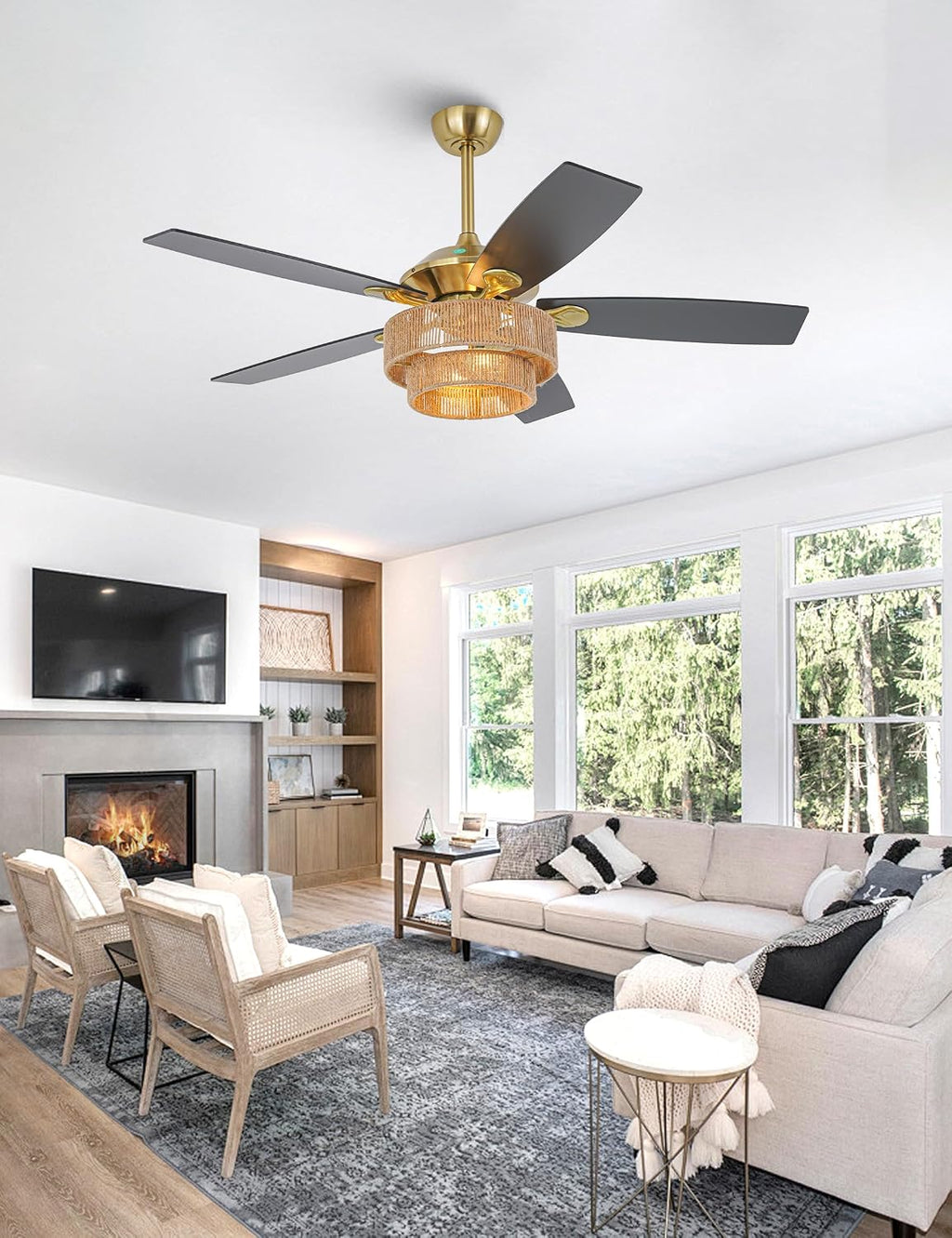 Parrot Uncle Ceiling Fans with Lights and Remote, 52 Inch Farmhouse Rustic Ceiling Fan for Bedroom, Chandelier Outdoor Ceiling Fans with Reversible 5 Blades, Black/Wood Grain, Woven Drum Shade