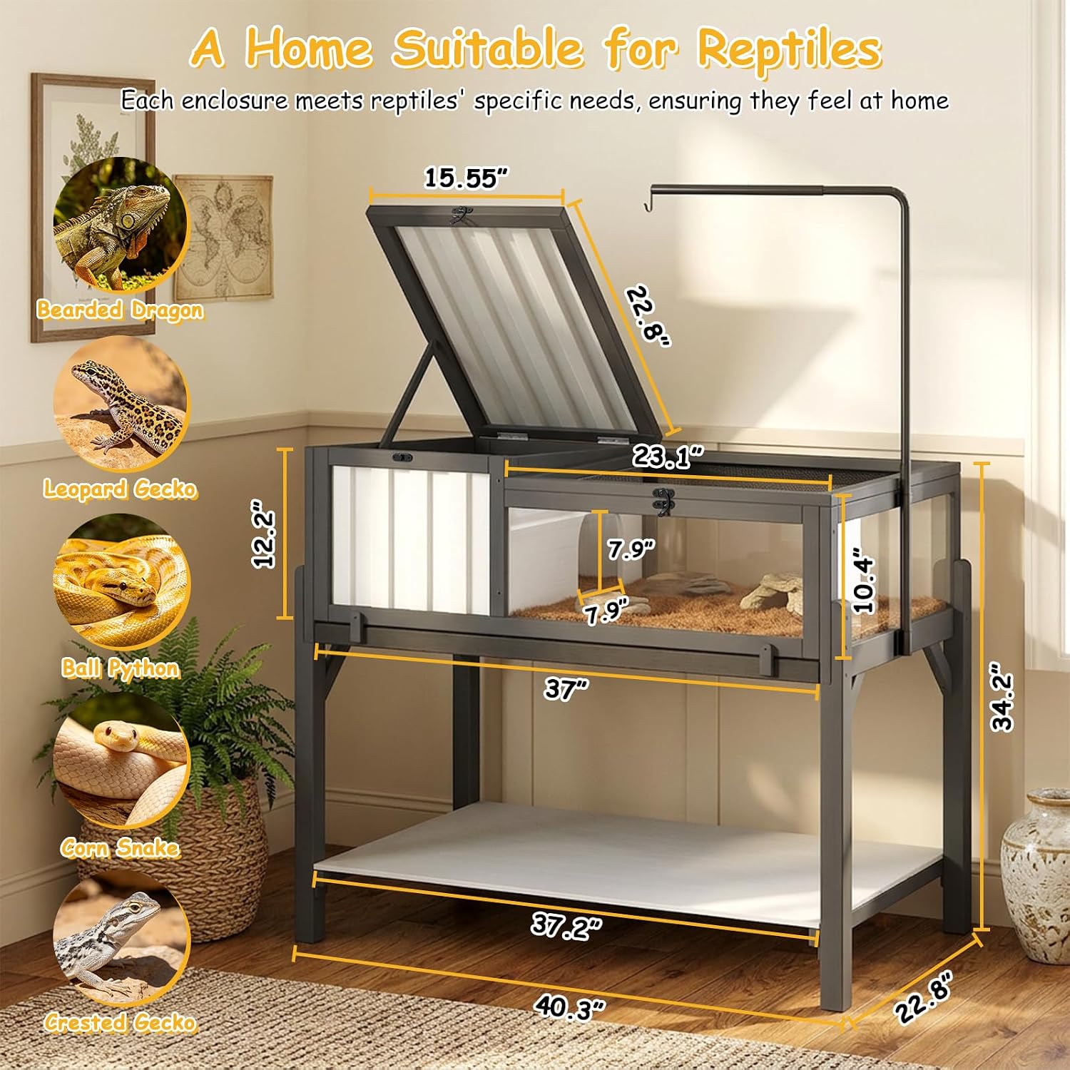 PetsCosset Indoor Tortoise Habitat with Storage Shelf & Adjustable Metal Light Stand, Modern Tortoise Enclosure with PVC Shelter, Elevated Tortoise Table for Sulcata, Hermann's & Russian Tortoises