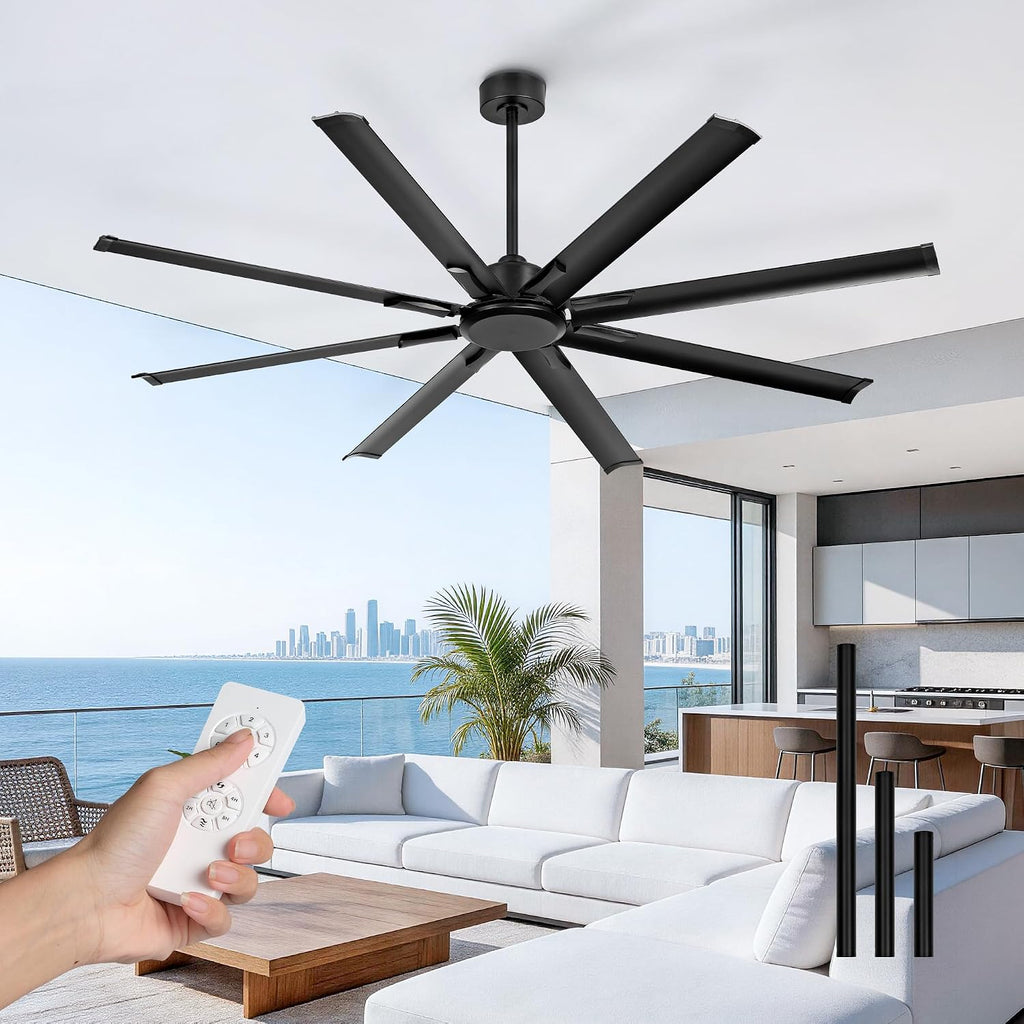 72 Inch Industrial Ceiling Fan Without Light, Matte Black Outdoor Model for Covered Areas, 8 Aluminum Blades, Powerful Airflow, Modern No-Light Design, CF04NBK-72
