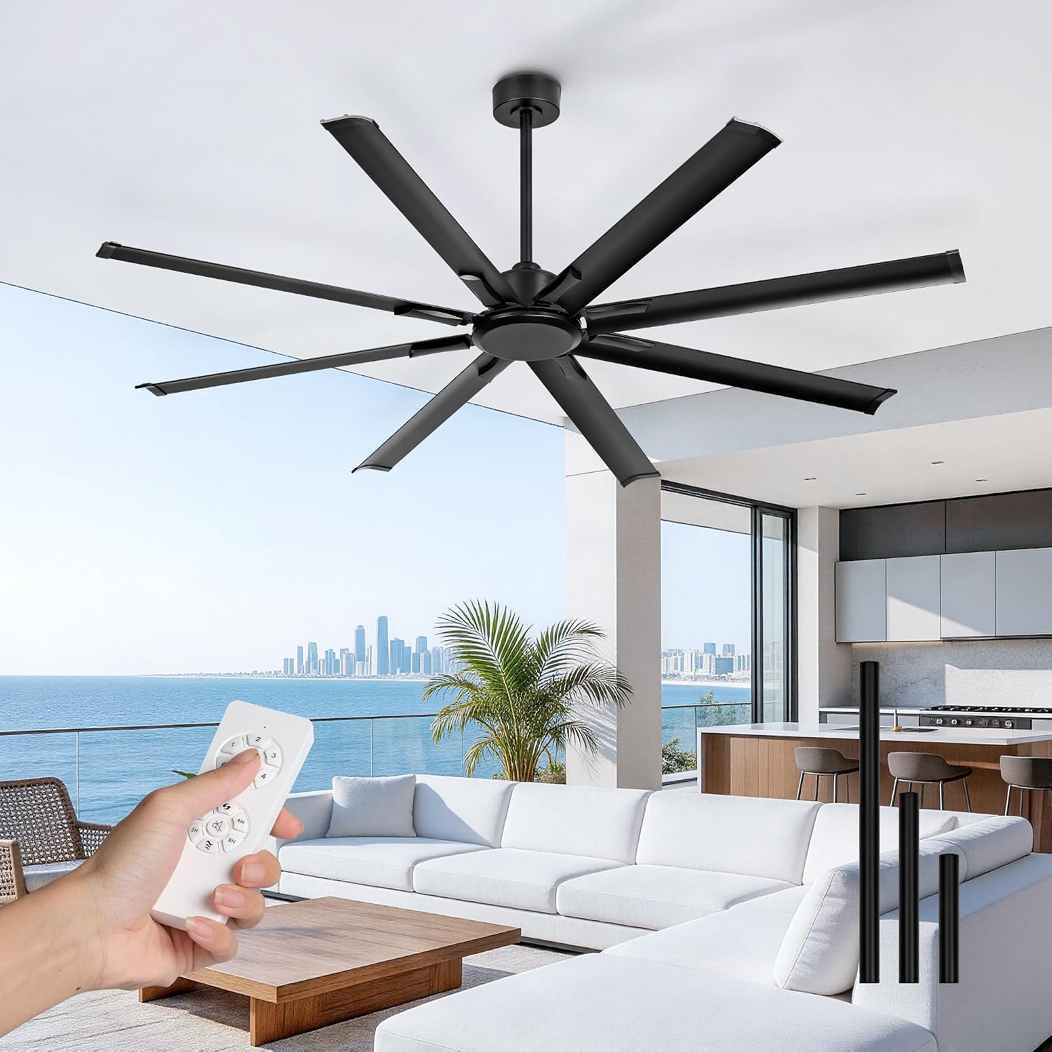 72 Inch Industrial Ceiling Fan Without Light, Matte Black Outdoor Model for Covered Areas, 8 Aluminum Blades, Powerful Airflow, Modern No-Light Design, CF04NBK-72