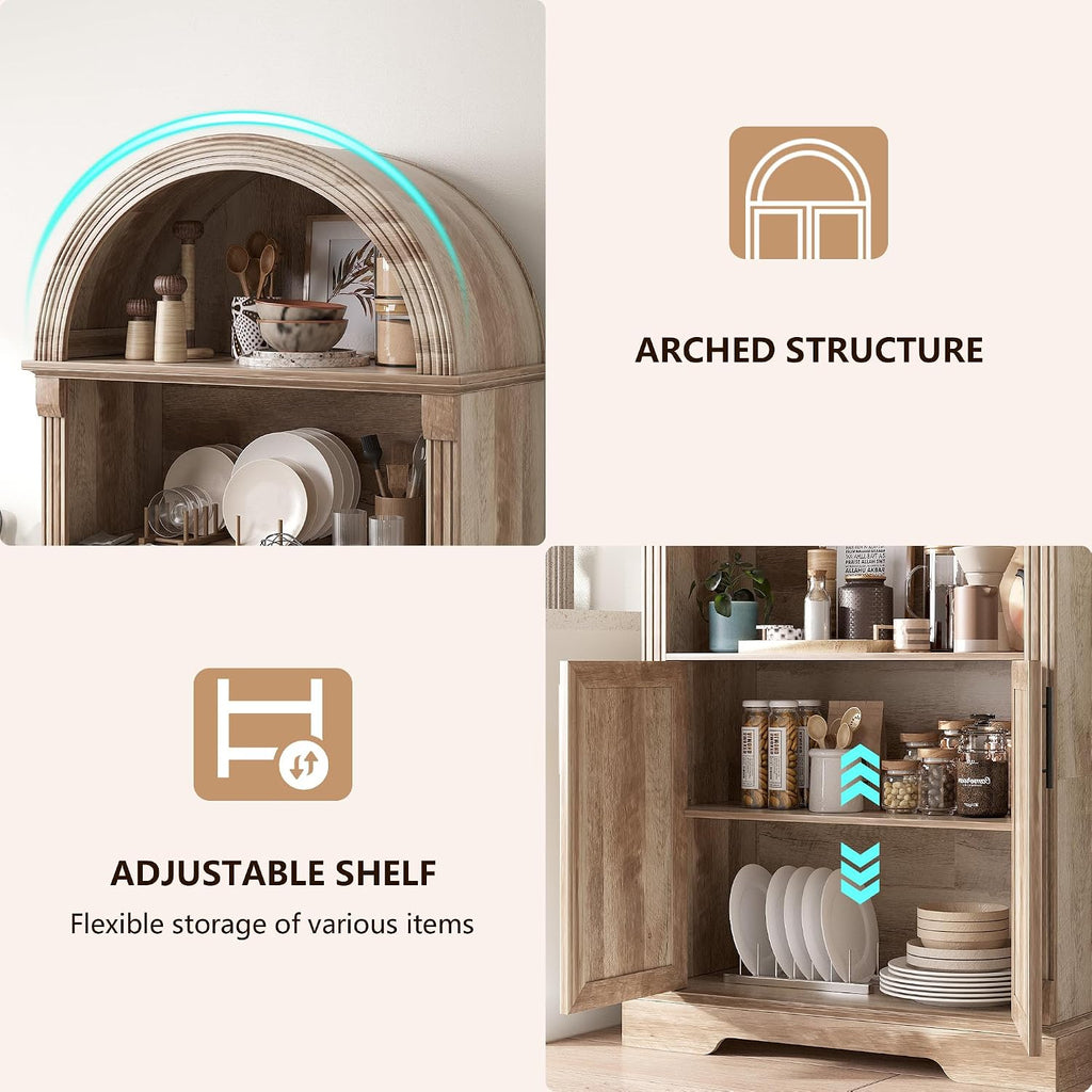 Vlsrka 71' Tall Arched Kitchen Pantry Cabinets, Wood Kitchen Storage Cabinets/Arched Bookshelf/Bookcase,China Cabinet with Open & Adjustable Shelves, Induction LED Light (Brown)
