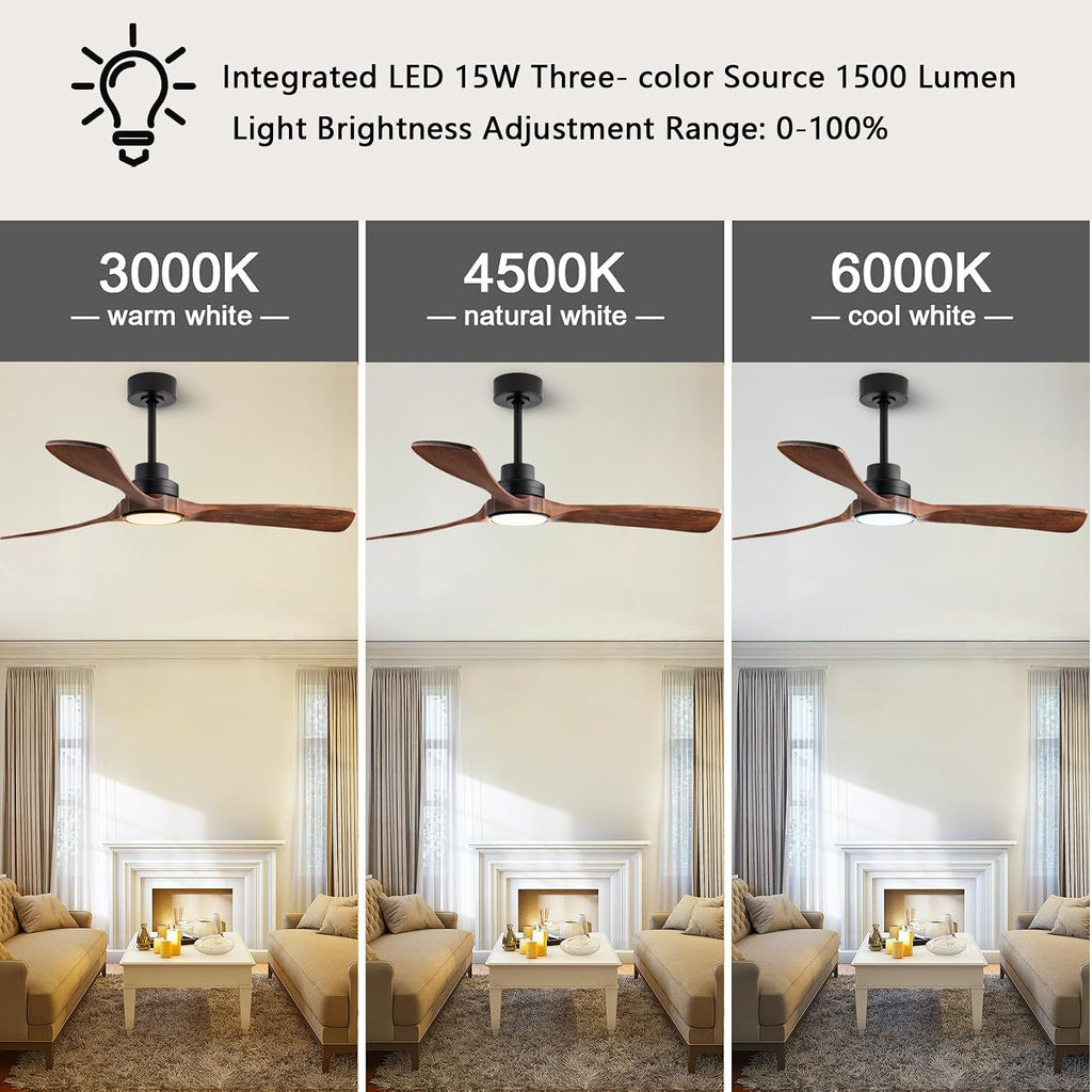 42-inch Ceiling Fan Light with Remote Control, Featuring 3 Wooden Blades, Reversible DC Motor, Timer Function, and 6-Speed Adjustment Suitable for Offices and bedrooms. Black + Walnut Color.