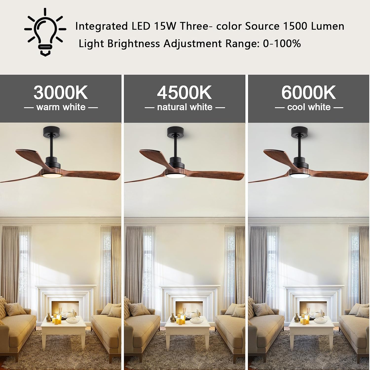 42-inch Ceiling Fan Light with Remote Control, Featuring 3 Wooden Blades, Reversible DC Motor, Timer Function, and 6-Speed Adjustment Suitable for Offices and bedrooms. Black + Walnut Color.