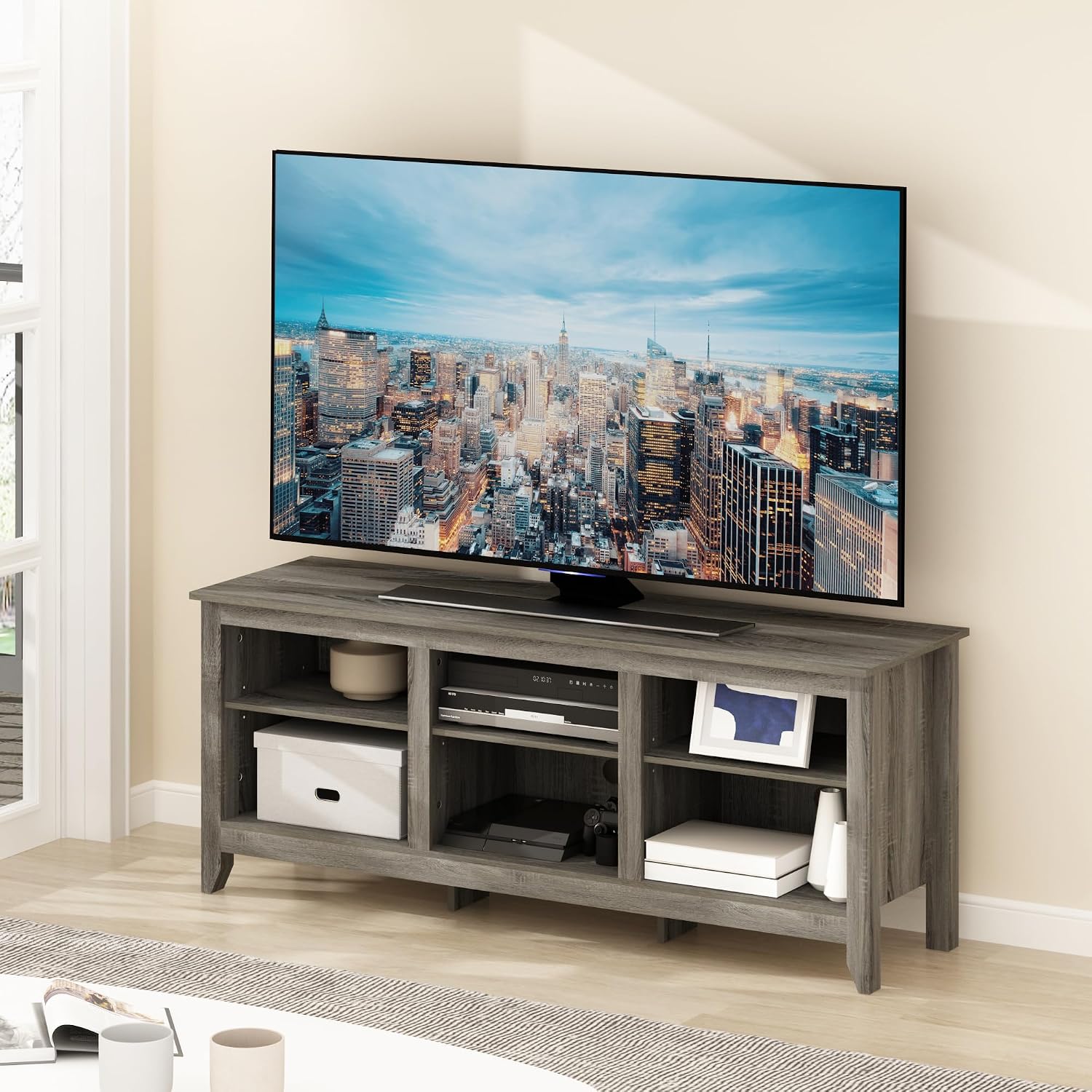 Furinno Jensen TV Stand for TV up to 65 Inch, 2-Tier Grey Entertainment Center, TV Console with Cable Management, for Living Room, Bedroom, Grey Oak
