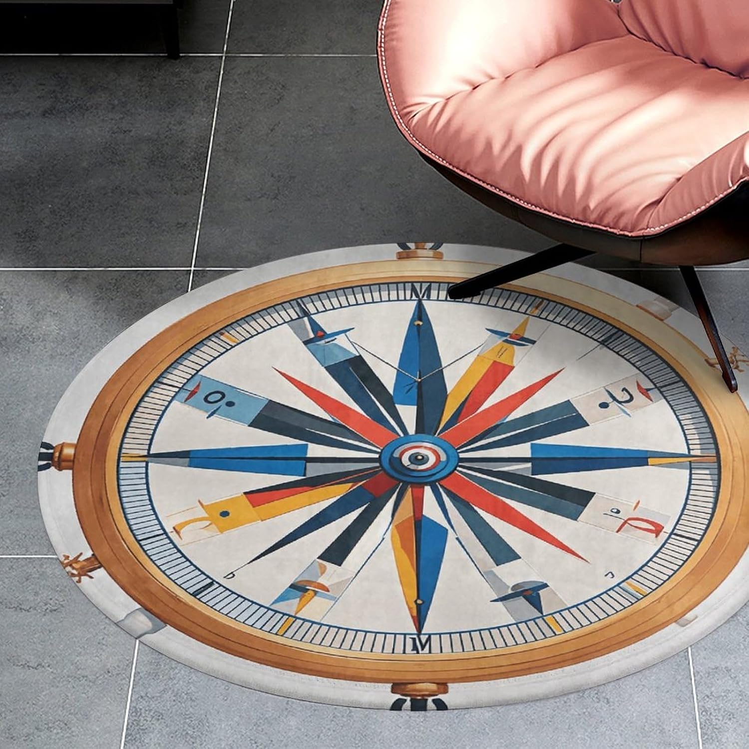 Maritime Sailboat Compass Coral Velvet Round Floor Mat Non-Slip Bath Rug Floor Covering for Bathroom Vanity Guest Suite & Vacation Home