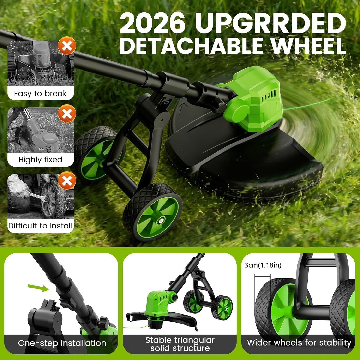 14' Electric String Trimmer Cordless Battery Powered Weed Eater with Wheel, 3-in-1 Cordless Grass Trimmer/Electric Weed Wacker/Edger, Weed Trimmer with 8 Replacement Spools for Garden, Lawn (Green)