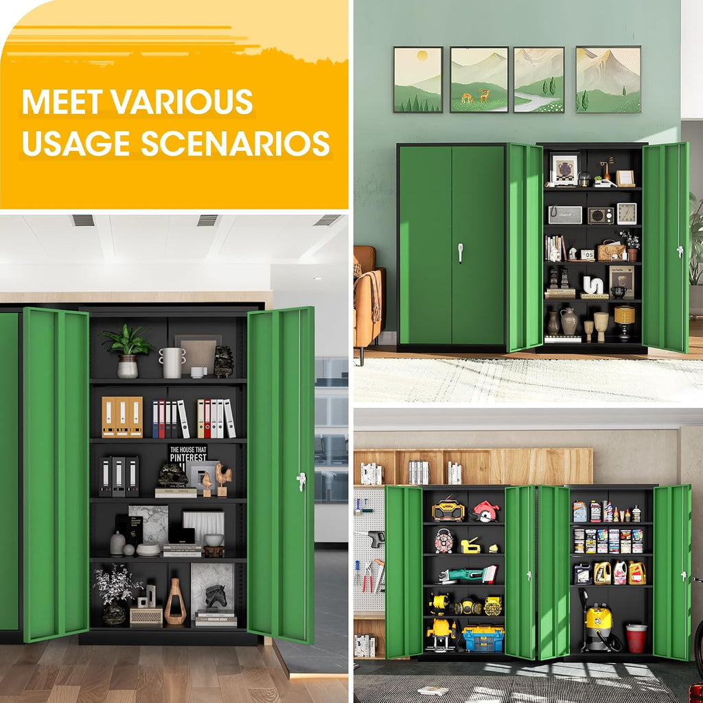 Greenvelly 72' H Metal Garage Storage Cabinet with 2 Doors and 4 Adjustable Shelves, Black Green Metal Cabinet with Lock for Office,Home, Garage, Gym, School