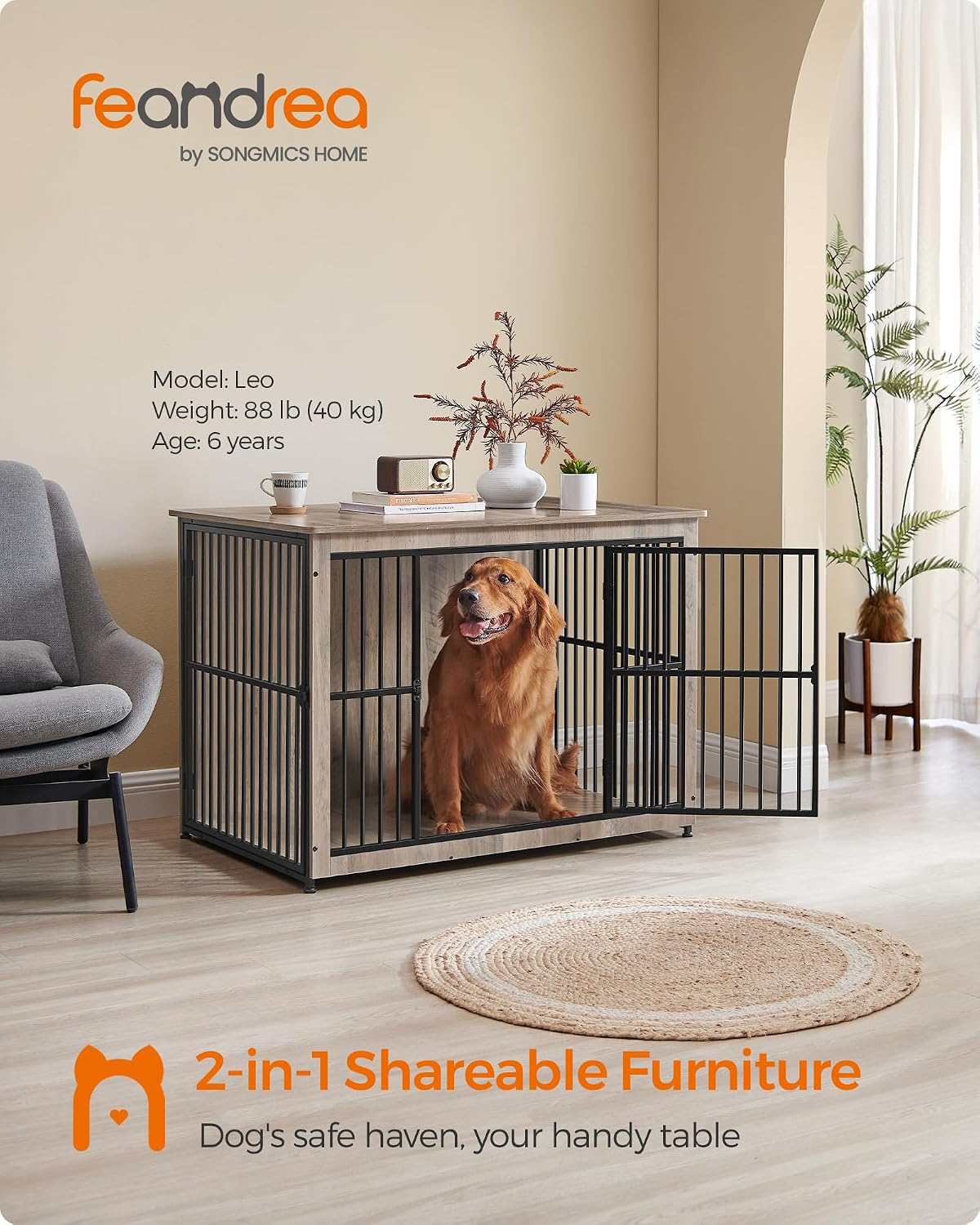 Feandrea 43.3' Dog Crate Furniture, Heavy-Duty Dog Cage Side End Table, XL Pet Wood Kennel for Large and Medium Dogs up to 80 lb with Enclosed Base, Double-Door Pet House, Greige