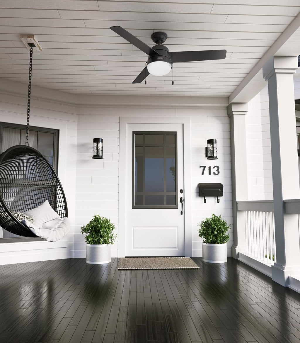 Hunter 52 inch Outdoor or Indoor Ceiling Fan with LED Light and Pull Chain - Black Modern Ceiling Fan, Standard Mount, 3 Blades, For Patio, Porch, Garage, or Living Room - Aker 50386, Matte Black