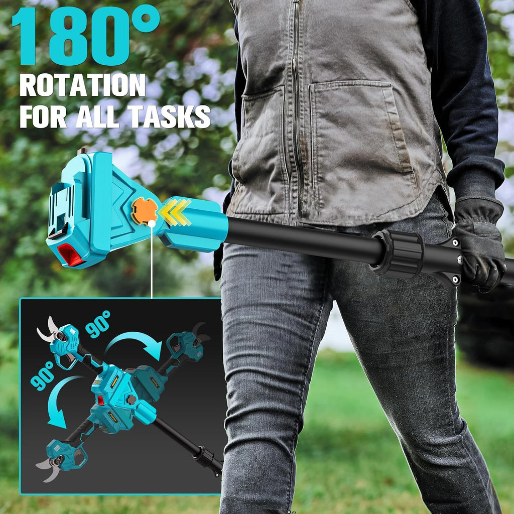 MtiolHig 2 in 1 Brushless Pole Electric Pruning Shears with 2 x Rechargeable Batteries, 13 Ft Total Reach Electric Cordless Pole Pruner, 0.8-2 Inch Pole Scissors for Garden Tools