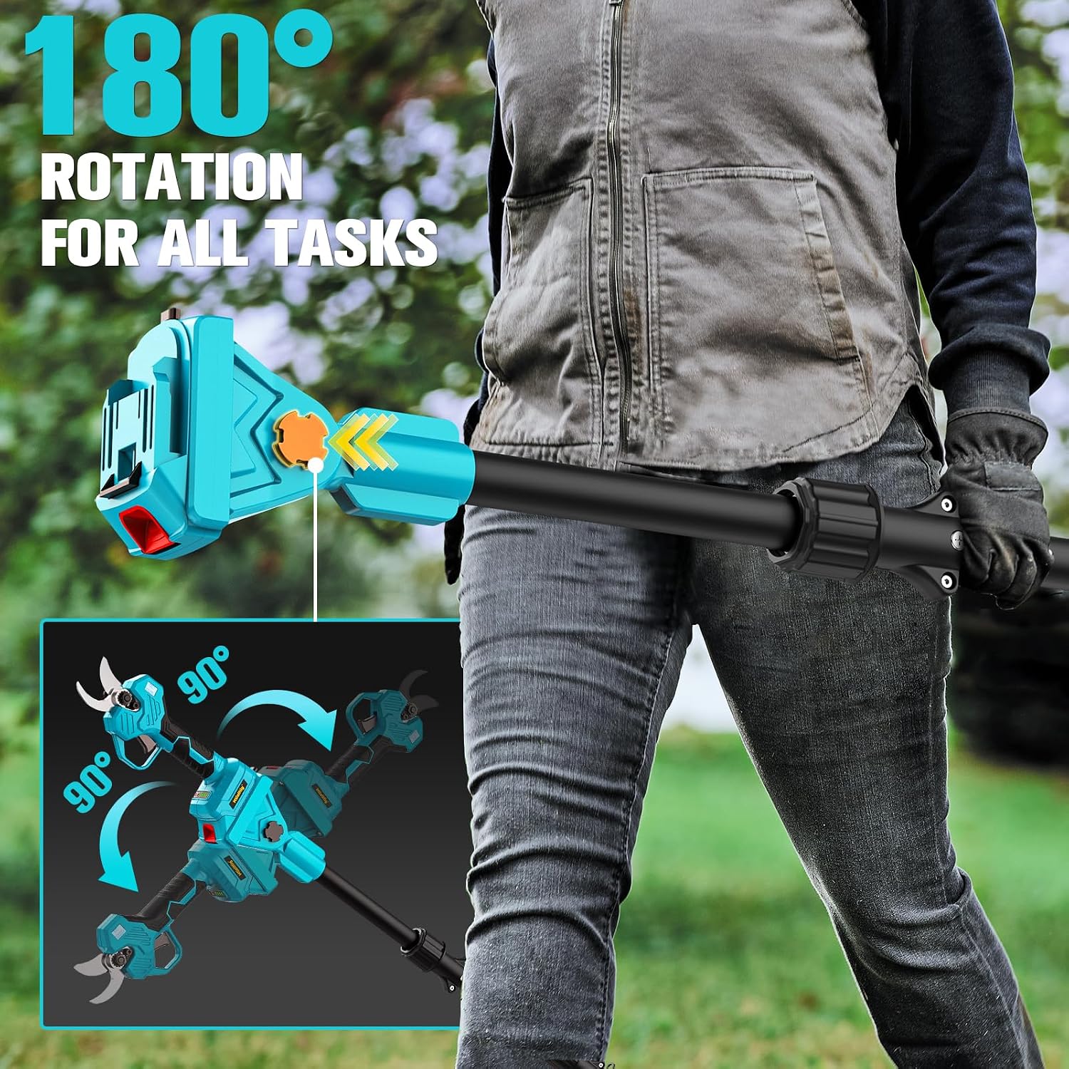 MtiolHig 2 in 1 Brushless Pole Electric Pruning Shears with 2 x Rechargeable Batteries, 13 Ft Total Reach Electric Cordless Pole Pruner, 0.8-2 Inch Pole Scissors for Garden Tools