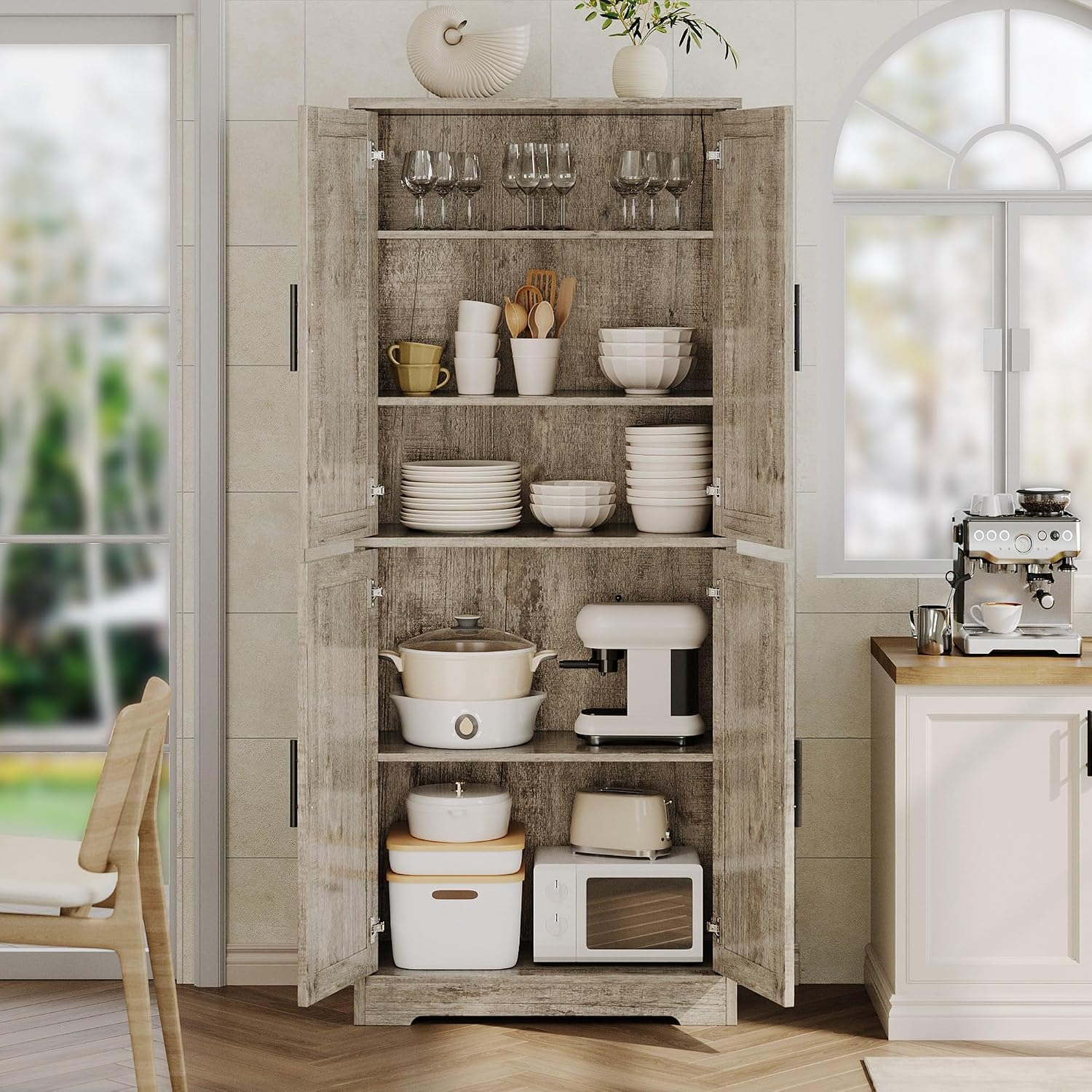 IDEALHOUSE Pantry Cabinet,70' Tall Kitchen Pantry Cabinet with 4 Doors and 3 Adjustable Shelves, Freestanding Cupboard, Modern Storage Cabinet for Bathroom, Dining Room, Living Room, Gray