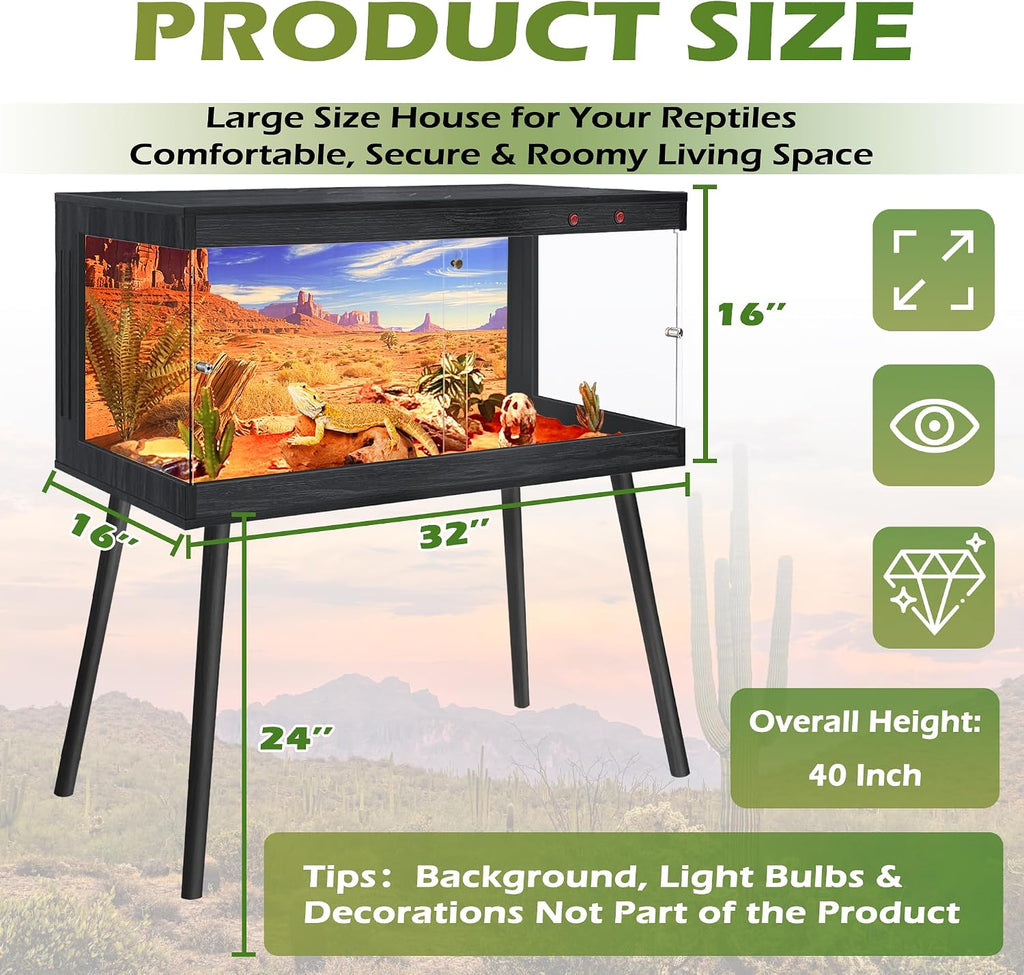 Royxen Bearded Dragon Tank, 36 Gallon Reptile Tank with Leg Stand,Built-in Lighting Reptile Enclosure, Tempered Glass Bearded Dragon Encloure for Chameleon (Black,32'x 16'x 16')