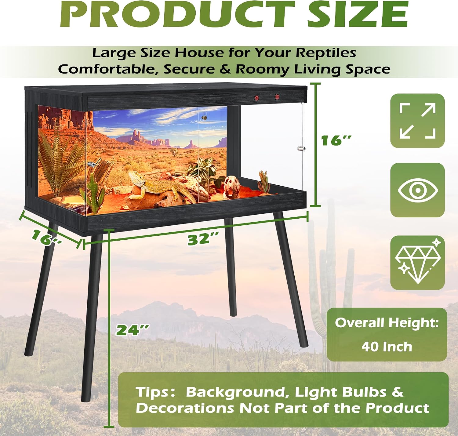 Royxen Bearded Dragon Tank, 36 Gallon Reptile Tank with Leg Stand,Built-in Lighting Reptile Enclosure, Tempered Glass Bearded Dragon Encloure for Chameleon (Black,32'x 16'x 16')