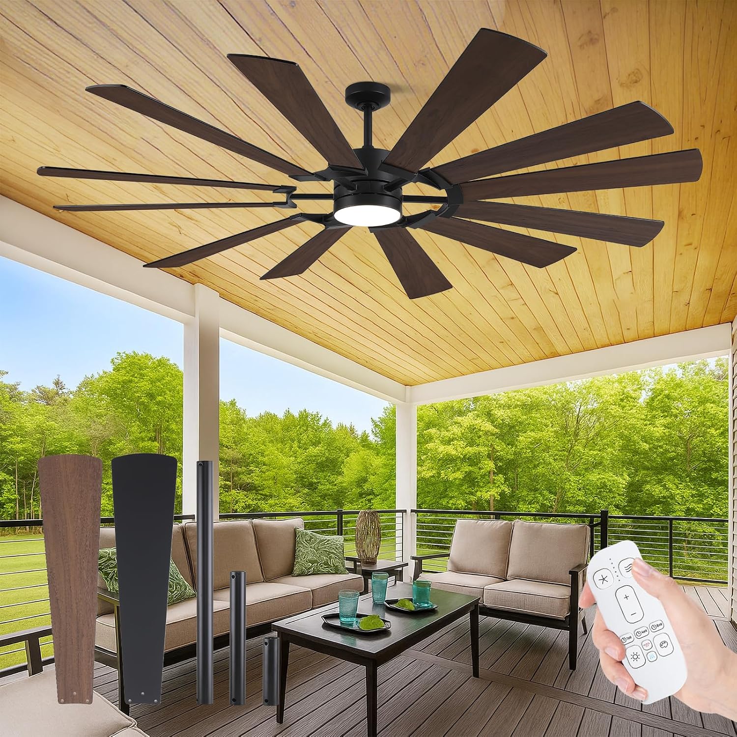 72'' Farmhouse Ceiling Fan with Light,12 Dual-Finish Wind Mill Blades, 3 Downrods, 6-Speed Reversible DC Motor, High CFM, 3CCT, Indoor Outdoor Industrial Fan for Patio Commercial Shop Garage