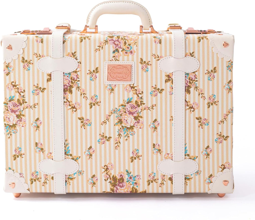 COTRUNKAGE Large 20' Carry On Suitcase Cute Pu Overnight Vintage Trunk Luggage Bag for Women with Combination Locks, Beige Floral
