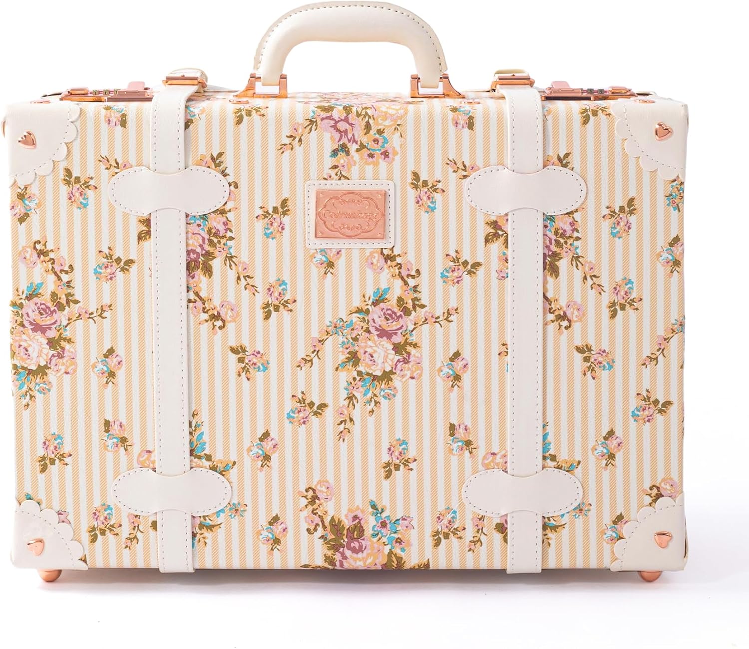 COTRUNKAGE Large 20' Carry On Suitcase Cute Pu Overnight Vintage Trunk Luggage Bag for Women with Combination Locks, Beige Floral