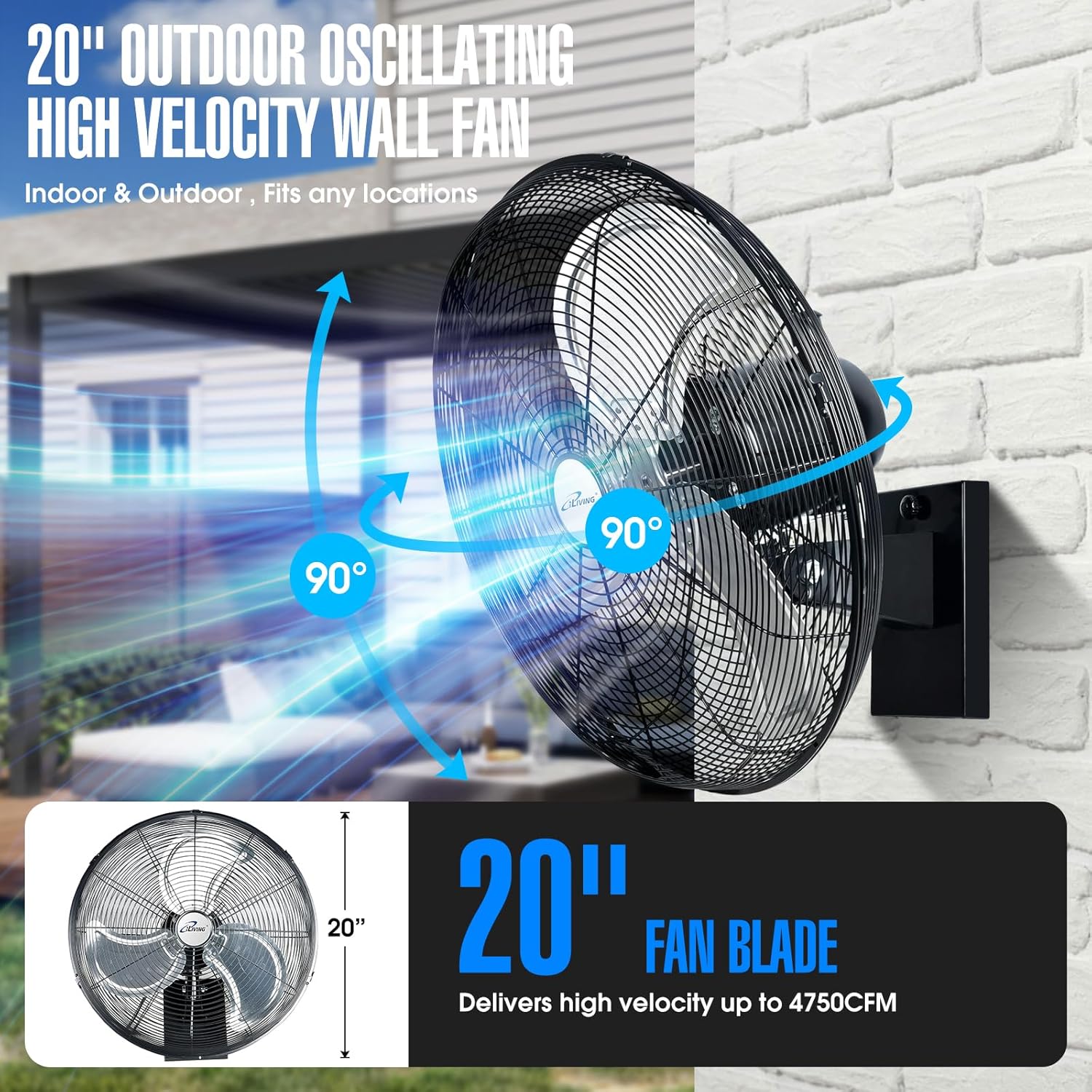 iLiving 20' Outdoor Oscillating High Velocity Wall Fan with 4750 CFM Heavy Duty Weatherproof Motor, Variable Speed Adjustment for Workshop, Garage, Patios, Commercial and industrial, 20 inch,Black