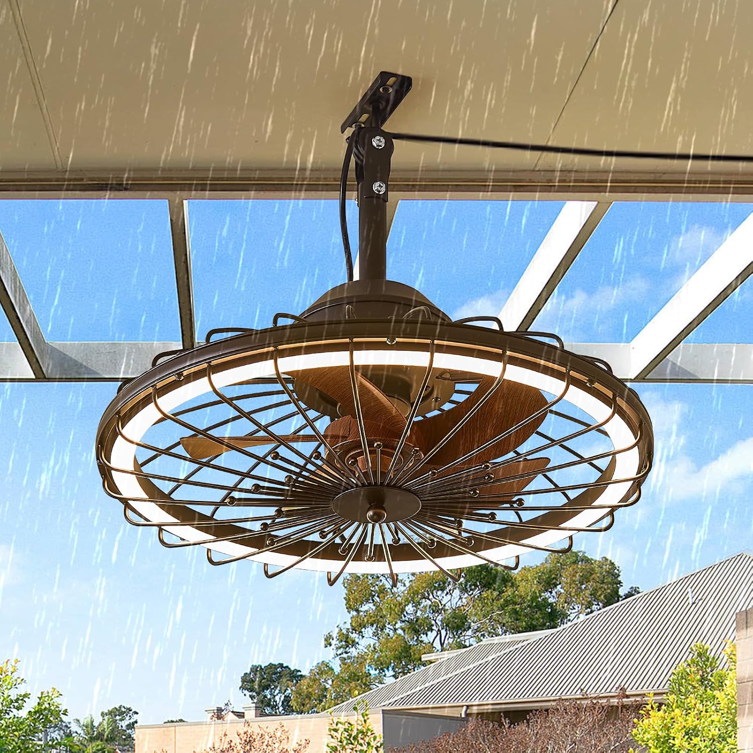 20' Outdoor Ceiling Fans with Light for Patios, IP65 Waterproof Plug in Ceiling Fan, Gazebo Hanging Fan with Remote Control App, Dimmable LED, 6-Speeds for Porch Pergola