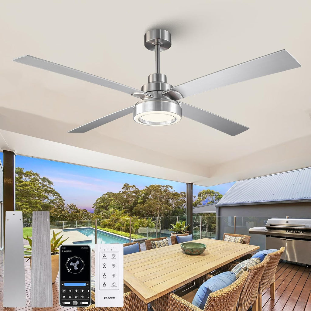 60 Inch Large Brushed Nickel Ceiling Fans with Lights and Remote/APP - Modern Sleek Indoor Outdoor Ceiling Fan for House, Living Room, Shop, Garage Silver Ceiling Fan, 3CCT Dimmable, 6 Speeds