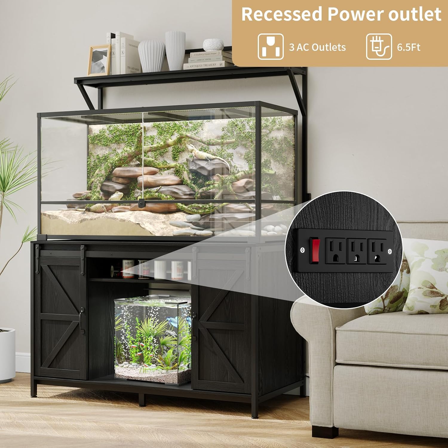 VOWNER Farmhouse Reptile Tank Stand with Power Outlet, 48' X 24' Tabletop Fits up 120 Gallon Bearded Dragon Tank, Heavy Duty Aquarium Stand with Storage Cabinet, Reptile Turtle Terrarium Stand Black