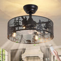 18 Inch Rustic Ceiling Fan with Light and Remote, Black Round Farmhouse Caged Ceiling Fan, Quiet Reversible Motor, Vintage Metal Bear and Deer Design Ceiling Fans for Bedroom Living Room