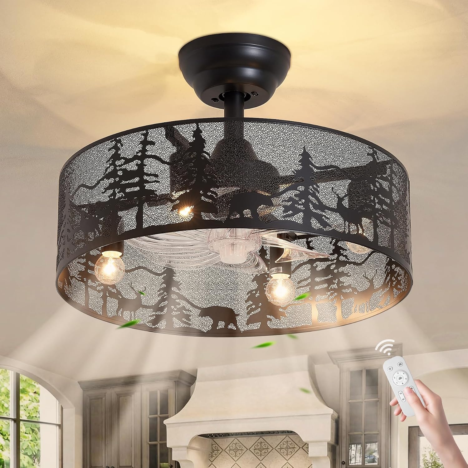 18 Inch Rustic Ceiling Fan with Light and Remote, Black Round Farmhouse Caged Ceiling Fan, Quiet Reversible Motor, Vintage Metal Bear and Deer Design Ceiling Fans for Bedroom Living Room