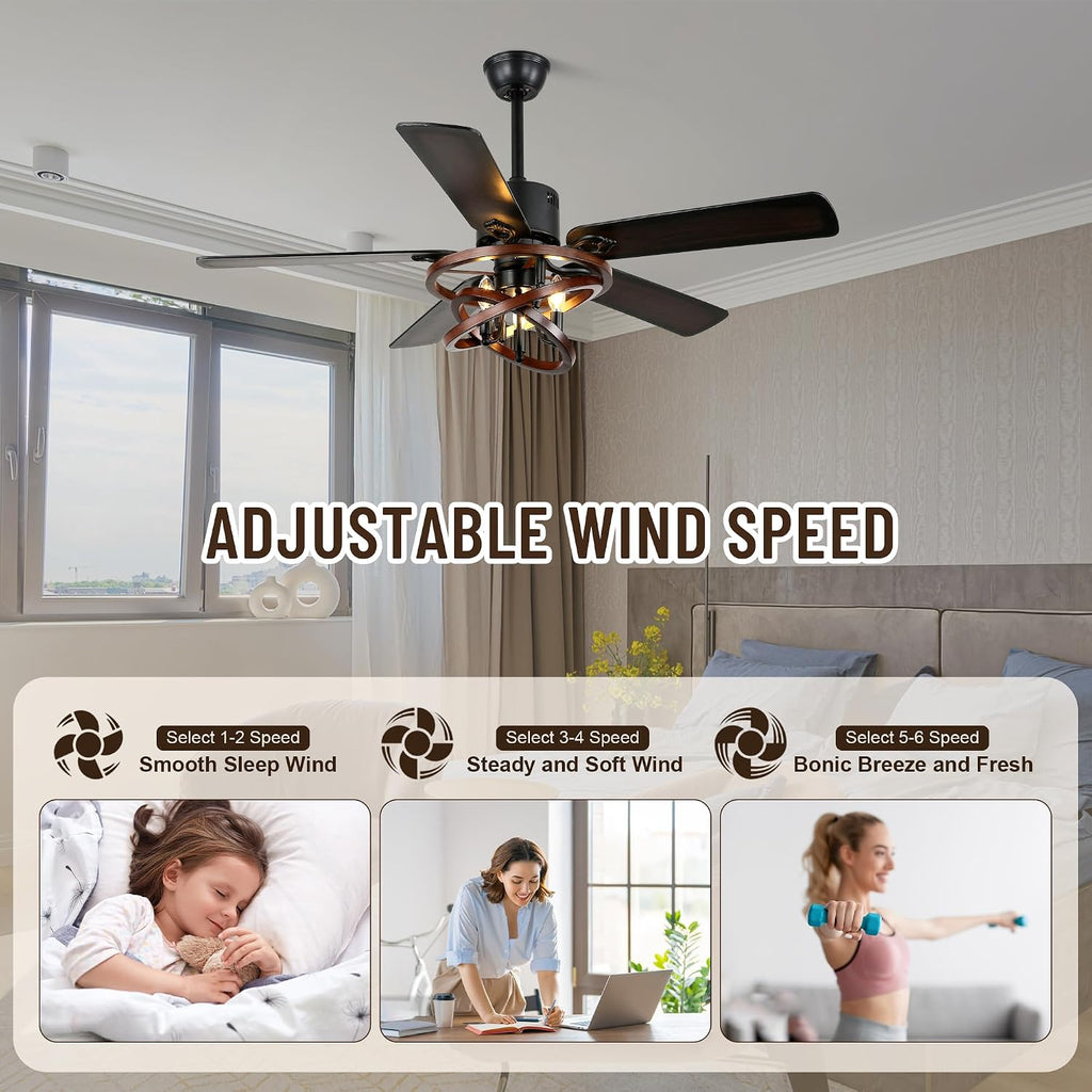 52' Ceiling Fan with Lights and Remote,Industrial Farmhouse Ceiling Fan with Adjustable Wood Grain Iron Cage,5 Reversible Dual-Color Blades,DC Quiet Motor,6 Speeds,Timer for Bedroom Living Room