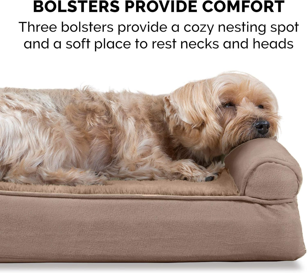 Furhaven Orthopedic Dog Bed for Large Dogs w/ Removable Bolsters & Washable Cover, For Dogs Up to 125 lbs - Plush & Suede Sofa - Almondine, Jumbo Plus/XXL