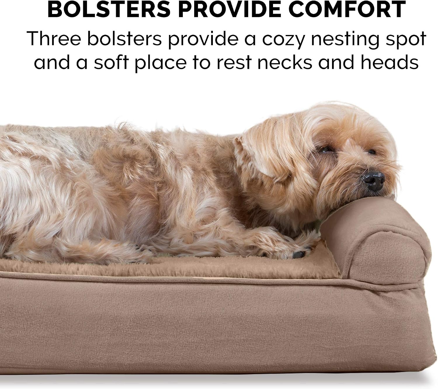 Furhaven Orthopedic Dog Bed for Large Dogs w/ Removable Bolsters & Washable Cover, For Dogs Up to 125 lbs - Plush & Suede Sofa - Almondine, Jumbo Plus/XXL
