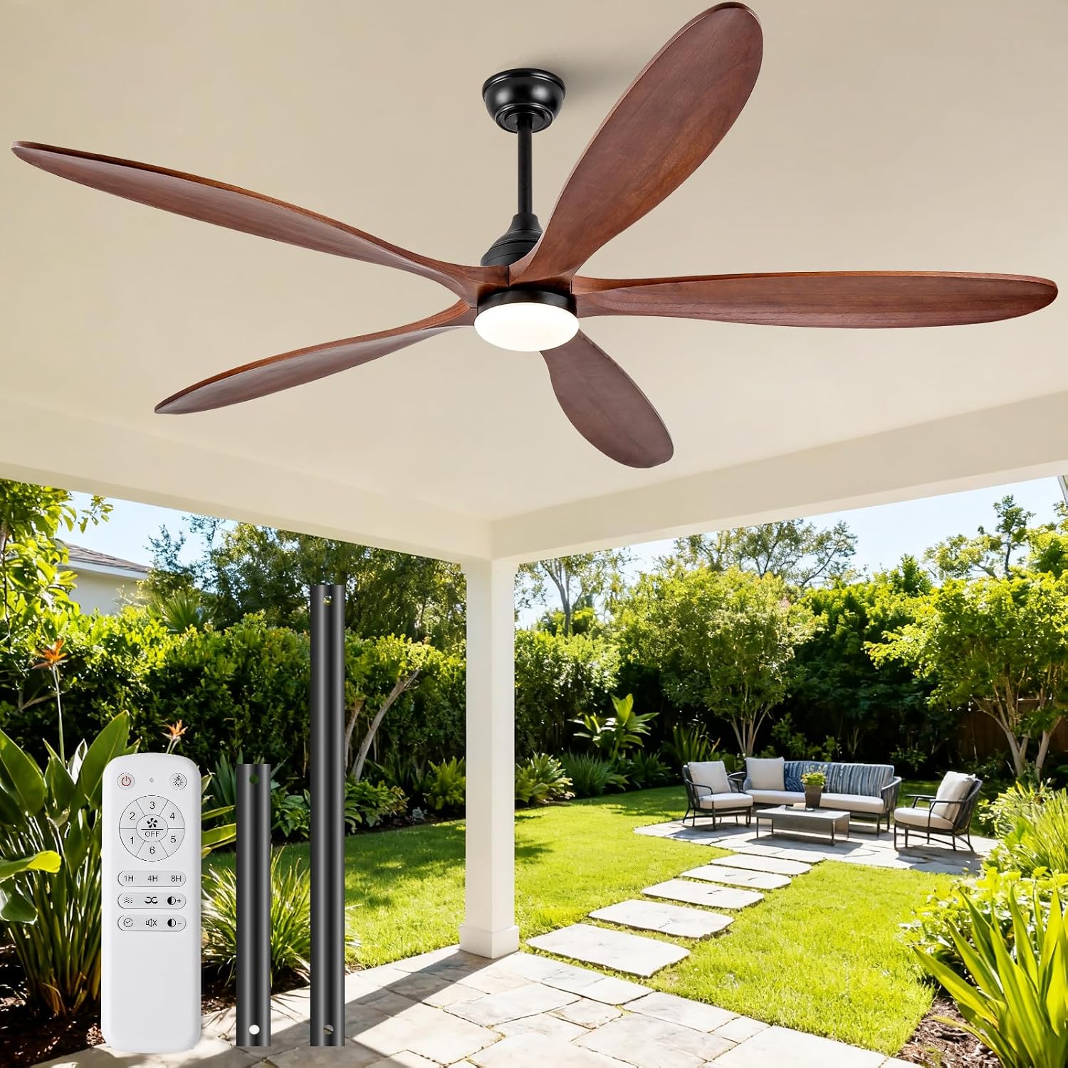 72 Inch Solid Wood Outdoor Ceiling Fans with Lights and Remote,Walnut 5 Blades,Dimmable,6 Speed Quiet DC Motor, Indoor Outdoor Ceiling Fan for Patios Bedroom Living Room