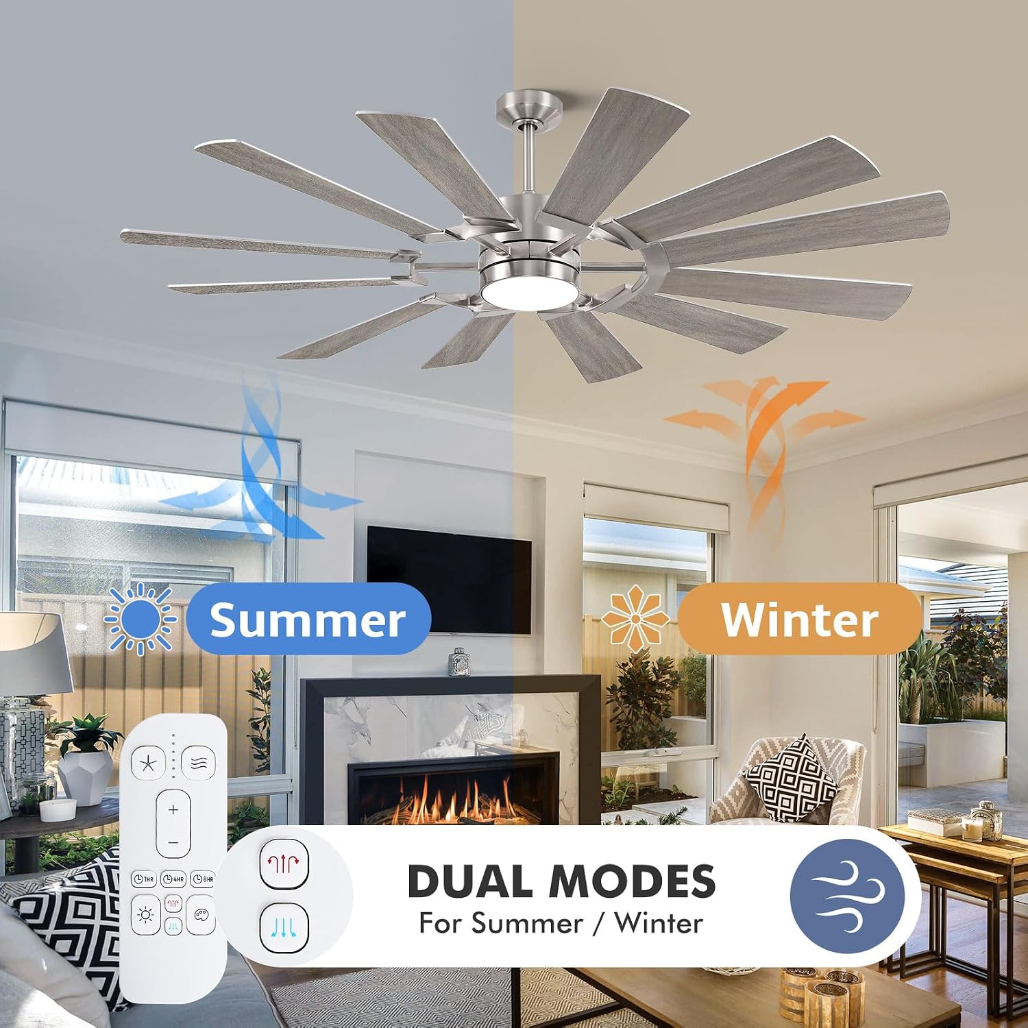 62 Inch Ceiling Fan with Light Remote, Modern Farmhouse Industrial 12 Blade(Sliver/Oak), High CFM Quiet Reversible DC Motor, Damp Rated Indoor Outdoor Ceiling Fans for Patios Garage Porch Barn Gym