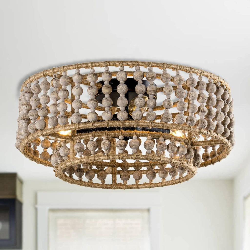 Parrot Uncle Farmhouse Chandeliers for Dining Room, Bohemia Wood Beaded Kitchen Chandelier Over Table, Rustic Flush Mount Ceiling Light for Bedroom, Entryway, Foyer, Hallway, 3-Light