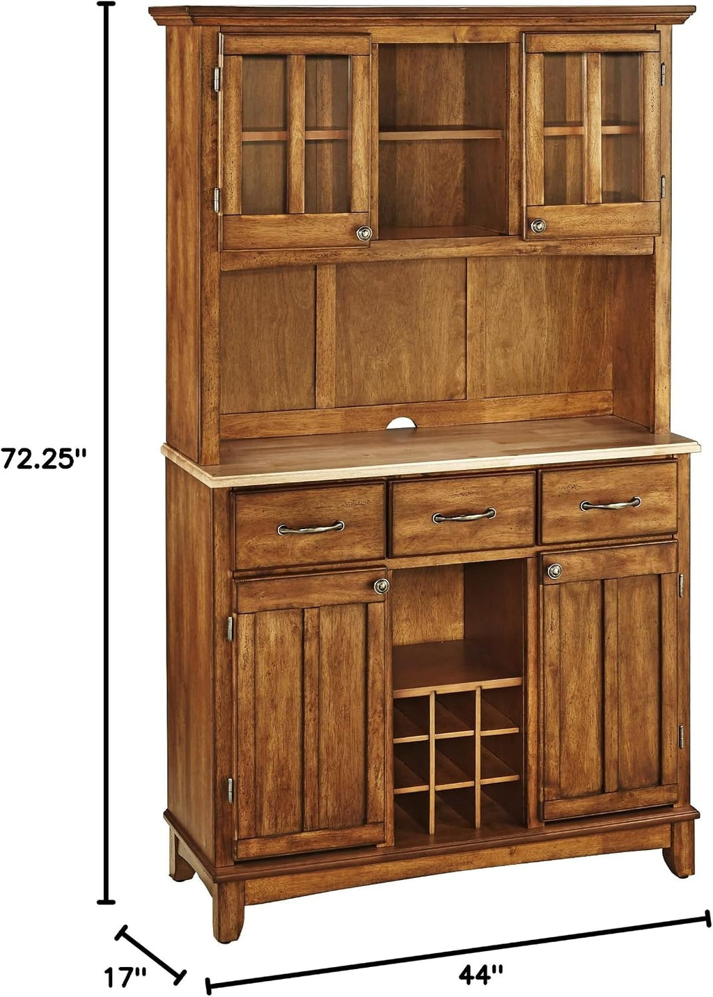 Home Styles Buffet of Buffets Cottage Oak Server with Natural Wood Top, Three Utility Drawers, Two Door Hutch, Removable Wine Rack, and Brushed Steel Hardware