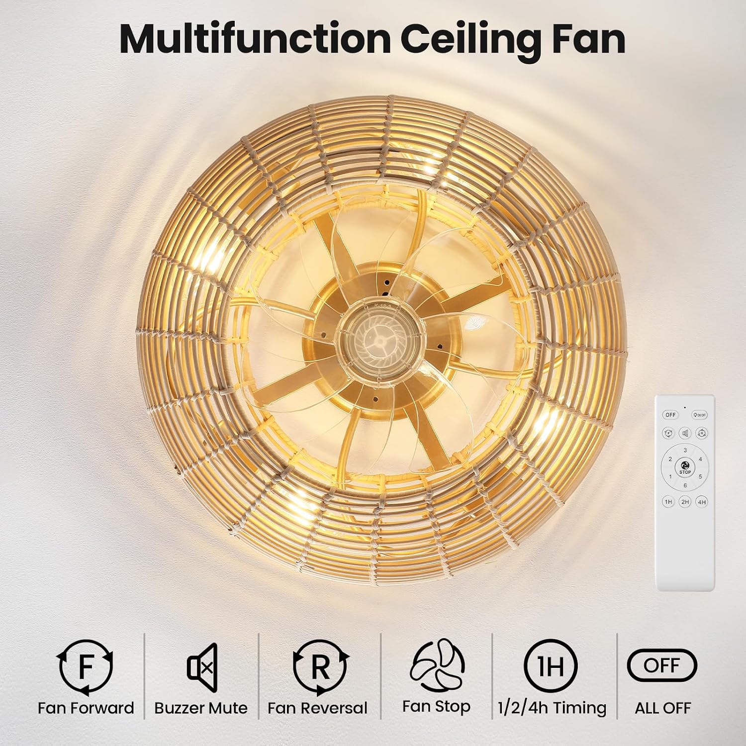 AIJIASI 20' Boho Ceiling Fan with Light and Remote, Rattan Caged Ceiling Fan with Light 6 Speeds Flush Mount Fandelier Ceiling Fan for Bedroom Living Room (4*E26 Base)