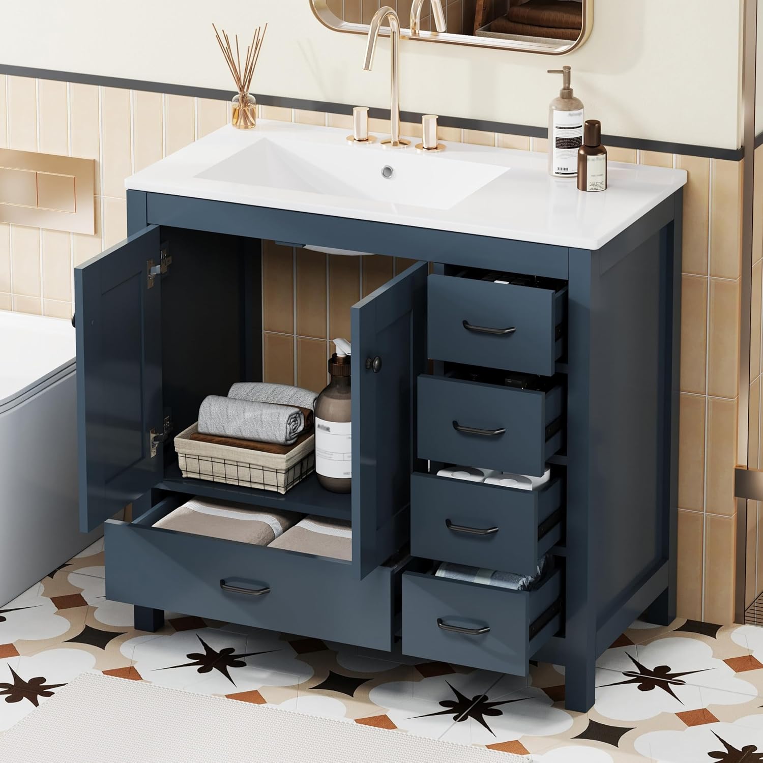 LUMISOL 36 Inch Bathroom Vanity with Sink, Freestanding Bathroom Cabinet with Ceramic Sink, Modern Single Vanity with Soft Close Doors & Drawers for Guest Bath, Master Suite, Rental, Blue