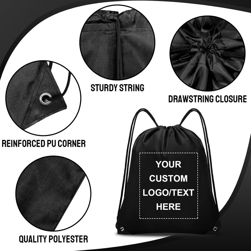 Grneric Custom Drawstring Bags Bulk 10/20/50/100/200 Pack, Promotional Items With Your Logo Personalized String Backpack for Gym, Sport, Travel, Black