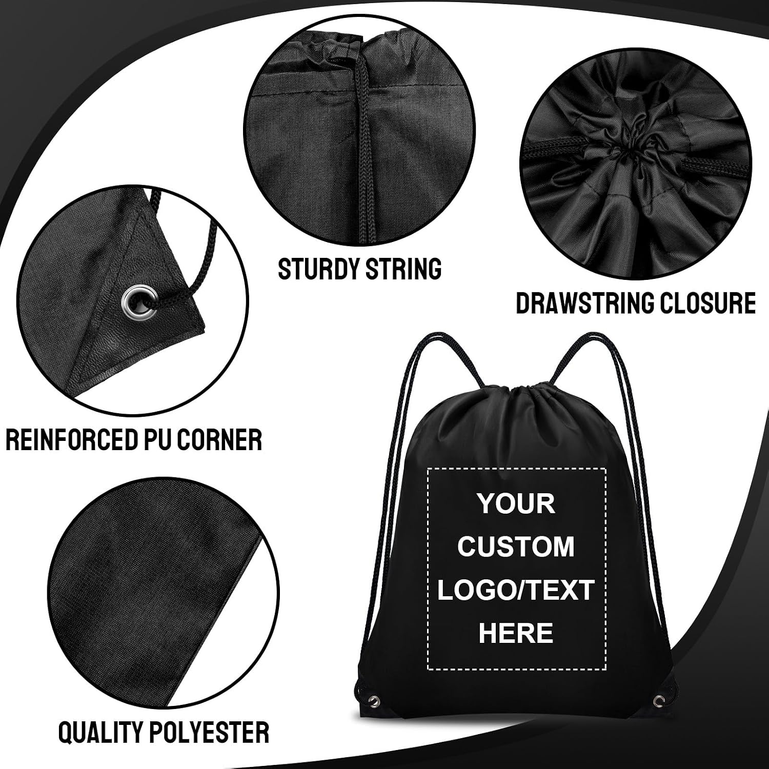 Grneric Custom Drawstring Bags Bulk 10/20/50/100/200 Pack, Promotional Items With Your Logo Personalized String Backpack for Gym, Sport, Travel, Black