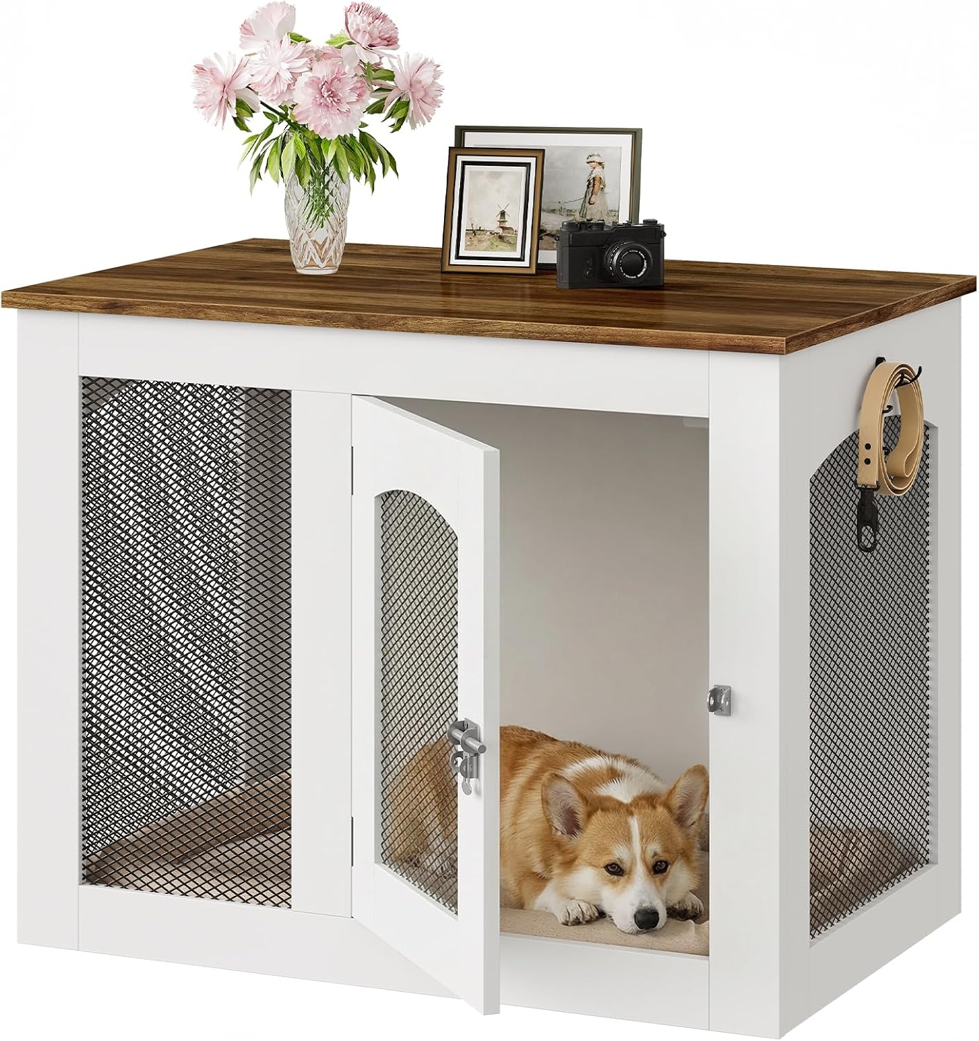 CHOEZON Wooden 30.1' Dog Crate Furniture, Farmhouse Pet Cage End Table with Secure Lock, Ventilated Mesh for Medium Dogs, Dog Kennel Furniture for Living Room, Bedroom, White and Walnut MGW02WL