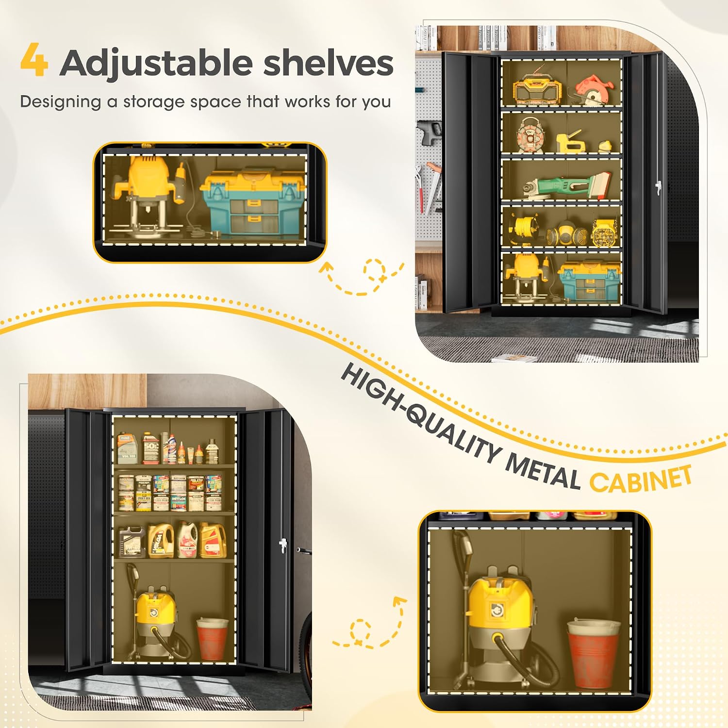 Greenvelly 72' H Metal Storage Cabinet with 2 Doors and 4 Adjustable Shelves, Black Metal Cabinet with Lock,Garage Cabinets Steel Tool Cabinet for Office,Home, Garage, Gym, School