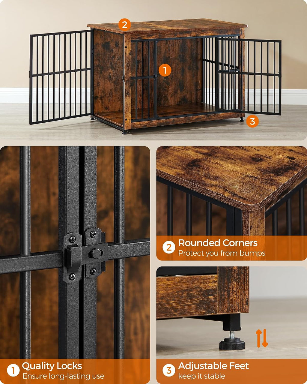 Feandrea 38.6' Dog Crate Furniture, Heavy-Duty Dog Cage Side End Table, XL Pet Wood Kennel for Large and Medium Dogs up to 70 lb with Enclosed Base, Double-Door Pet House, Rustic Brown