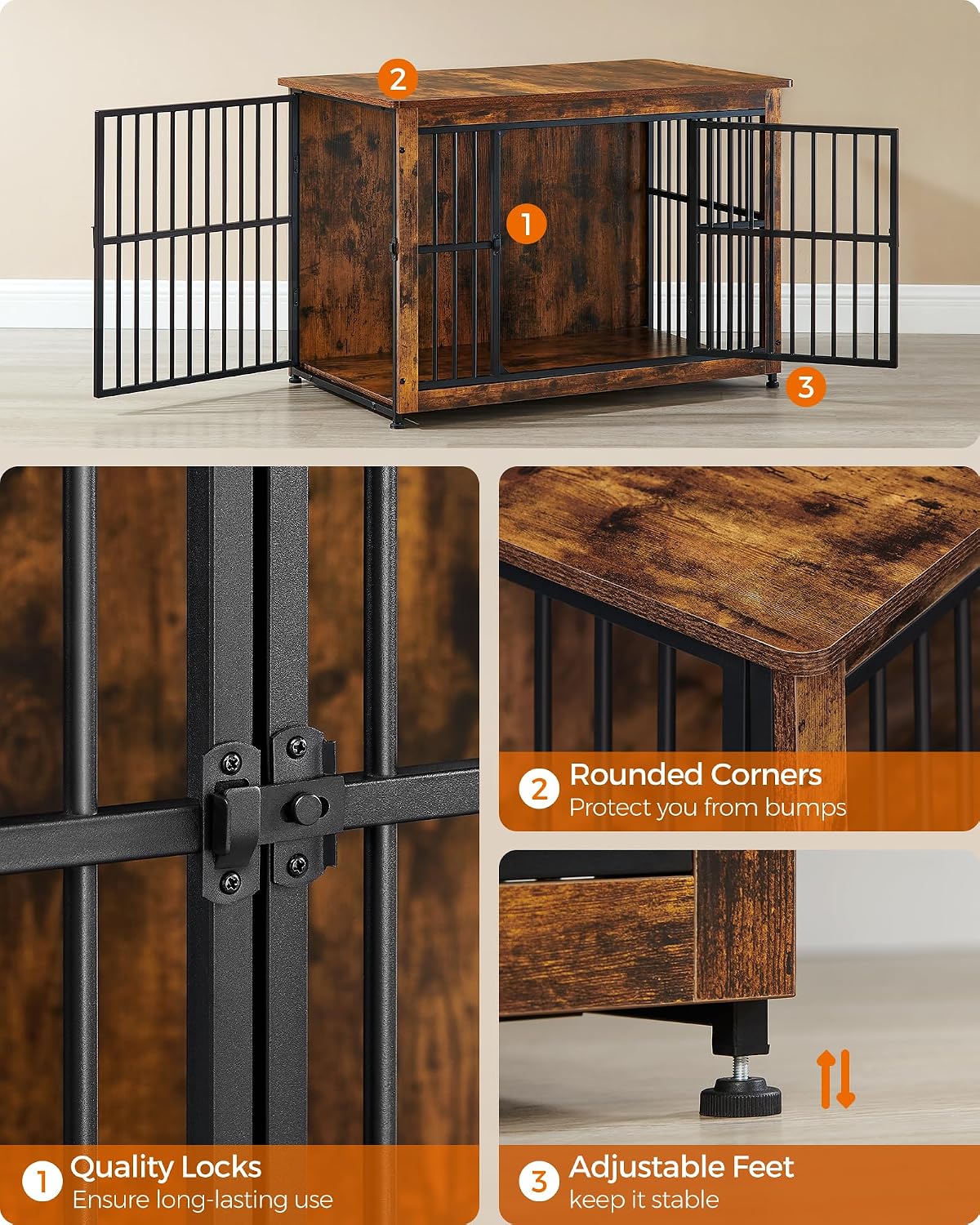 Feandrea 38.6' Dog Crate Furniture, Heavy-Duty Dog Cage Side End Table, XL Pet Wood Kennel for Large and Medium Dogs up to 70 lb with Enclosed Base, Double-Door Pet House, Rustic Brown