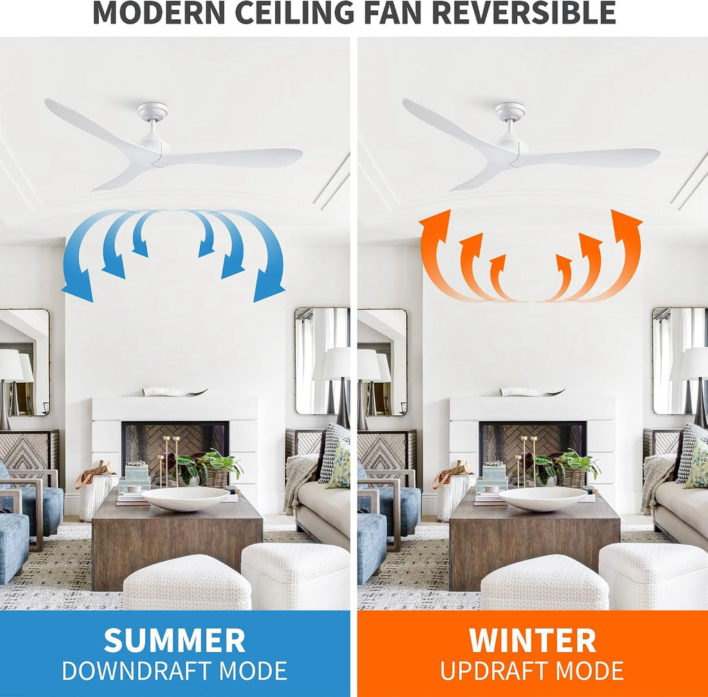 White Ceiling Fan No Light with Remote 56 Inch Modern DC Motor Ceiling Fans without Lights for Bedroom Living Room, Outdoor Ceiling Fans for Patios, 6 Speeds, Reversible 3 Blades, Ventilador de Techo