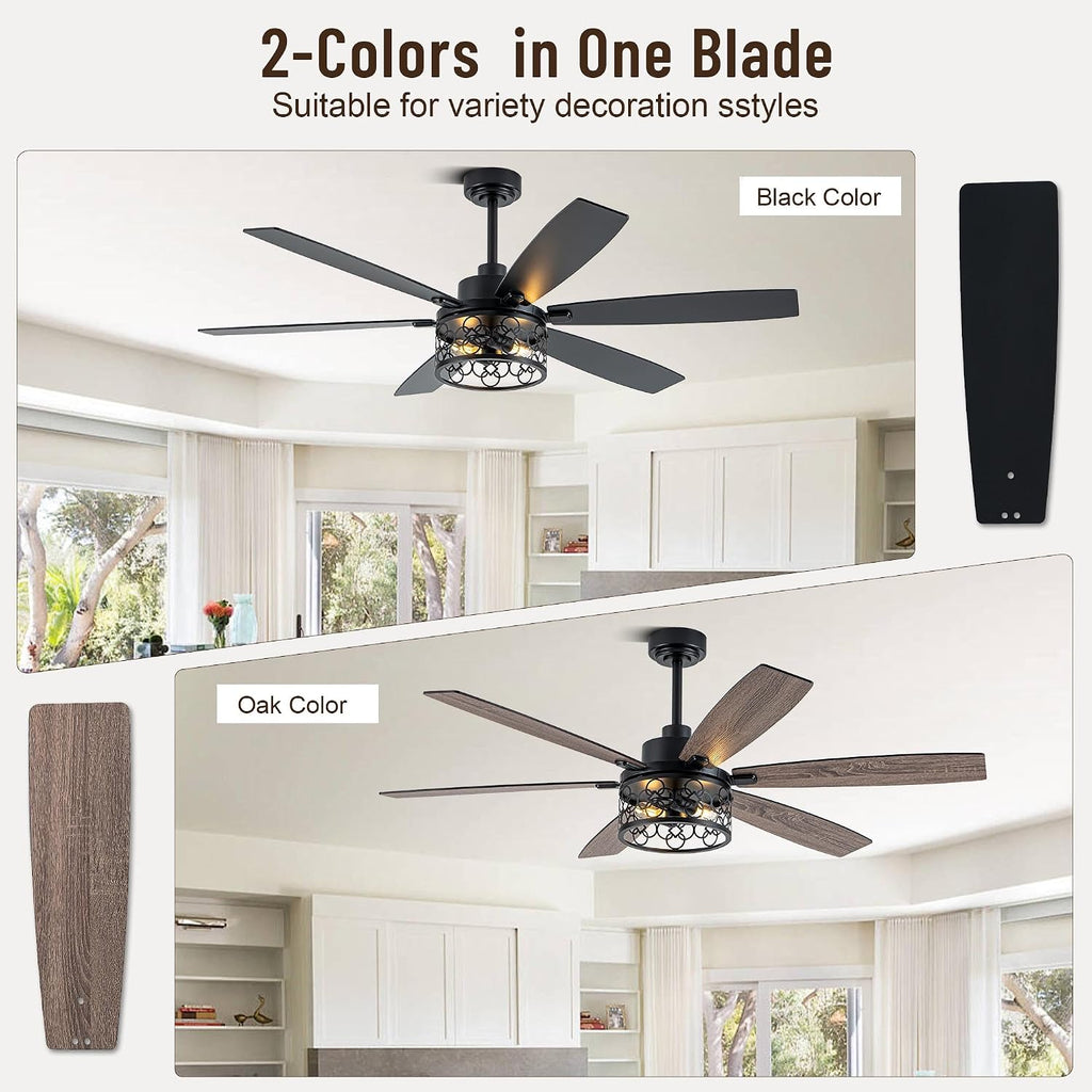 60' Large Ceiling Fans with Lights, Modern Farmhouse Caged Ceiling Fan with Light and Remote, Reversible Motor, 6 Double Finish Wood Blades, Black Rustic Industrial Ceiling Fan for Living Room