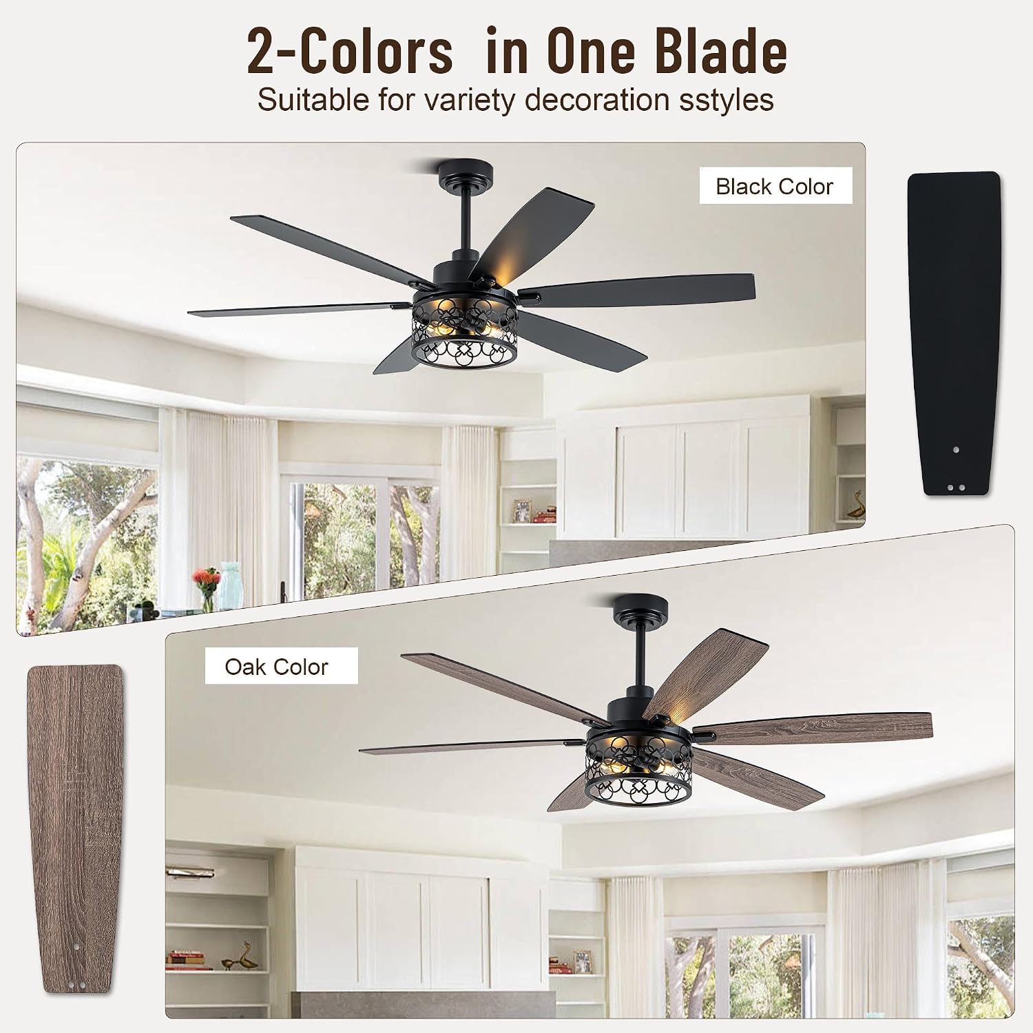 60' Large Ceiling Fans with Lights, Modern Farmhouse Caged Ceiling Fan with Light and Remote, Reversible Motor, 6 Double Finish Wood Blades, Black Rustic Industrial Ceiling Fan for Living Room