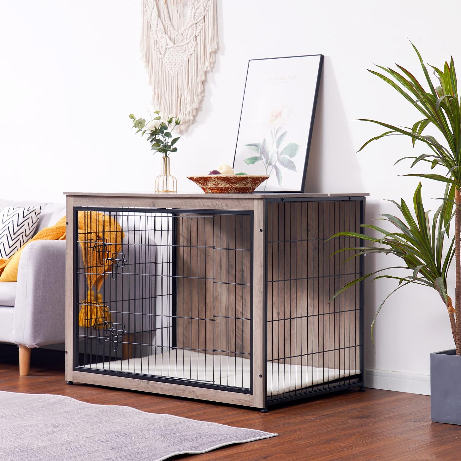 DWANTON Dog Crate Furniture with Cushion, Wooden Kennel Table with Double Doors, Indoor Dog House, Extra Large Size, 43.3' L, Greige