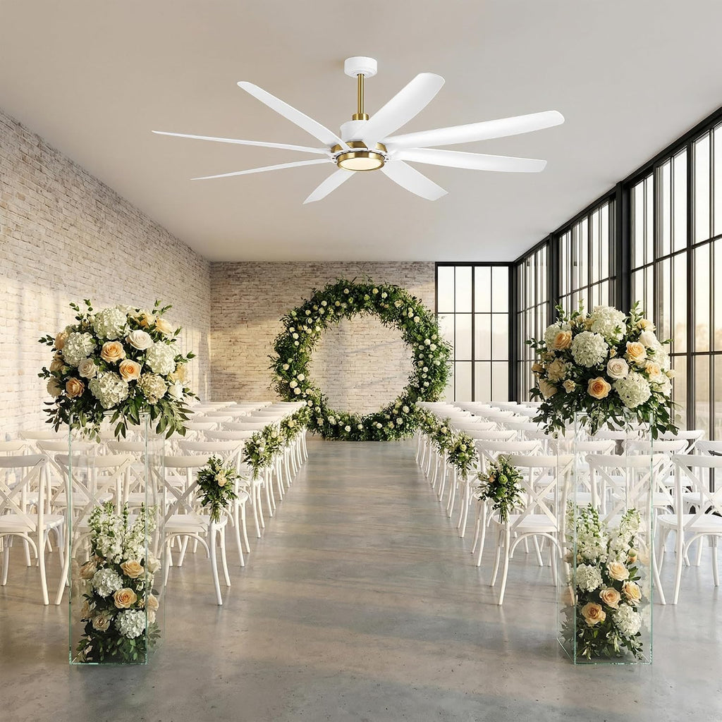 72 Inch Ceiling Fans with Lights and Remote, Industrial Gold White Chandelier Ceiling Fan, Dimmable LED, 6 Speeds Reversible DC Motor, Timer, Lighting Ceiling Fans for Bedroom Living Room