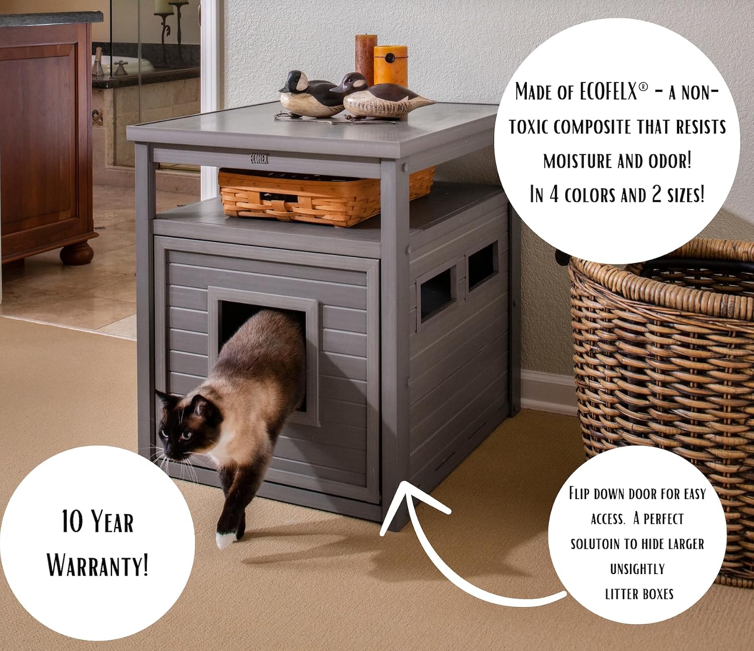 New Age Pet ECOFLEX Jumbo Cat Box Cover and End Table with Litter Box Enclosure and a 10 Year Warranty Hides Unsightly Litter Box made with Moisture & Odor Resistant Composite Material, Grey
