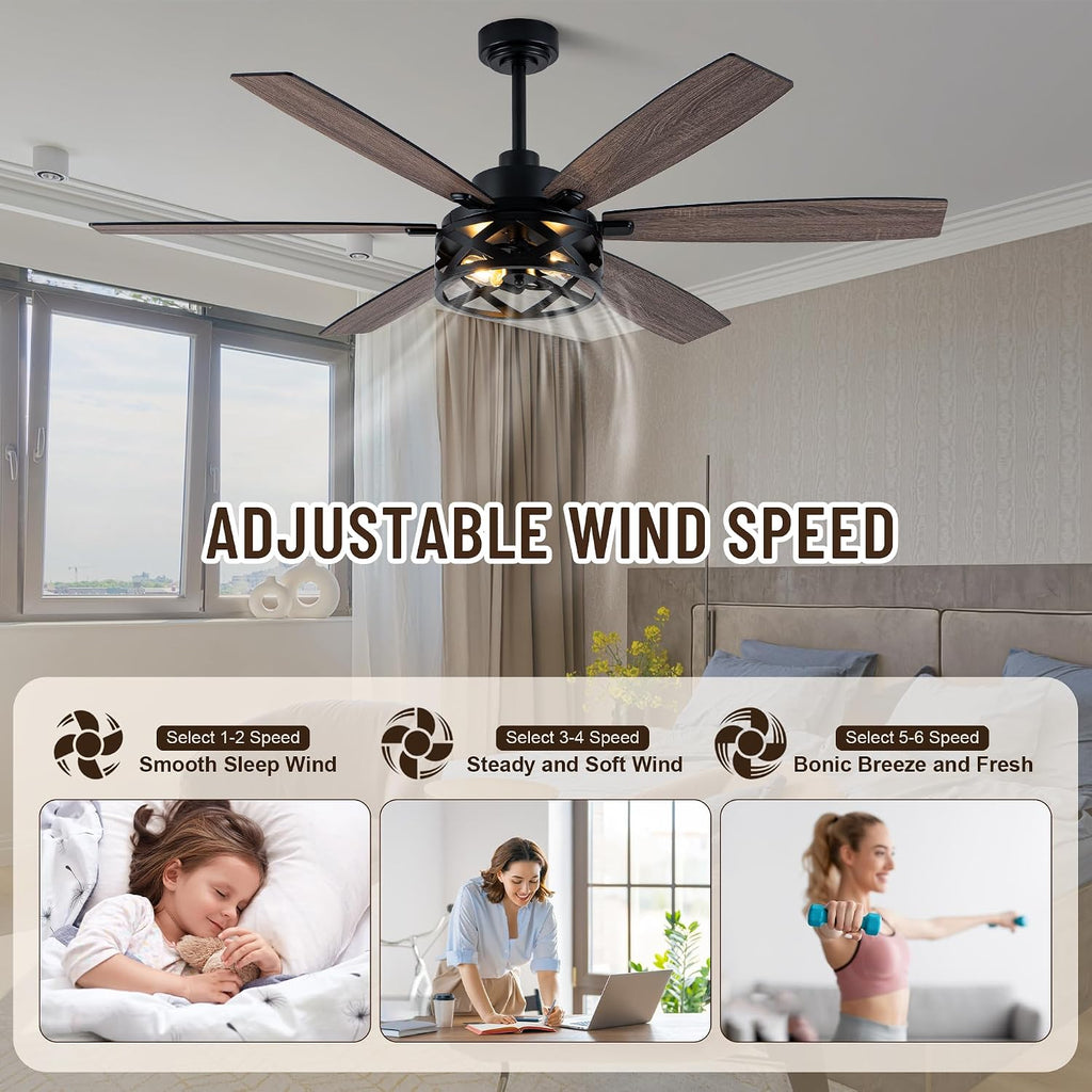 60' Farmhouse Ceiling Fan with Lights and Remote,6-Speed DC Motor Industrial Caged Ceiling Fan,Reversible Blades,Timer,2-Color Blades for Bedroom Living Room (E26 Bulbs Not Included)
