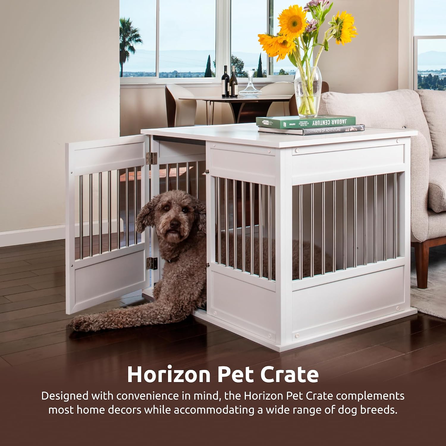 New Age Pet ECOFLEX Horizon Dog Crate & End Table, Modern Slatted Indoor Dog Kennel for Medium, Large & XL Dogs, Durable Composite, Antique White, Large